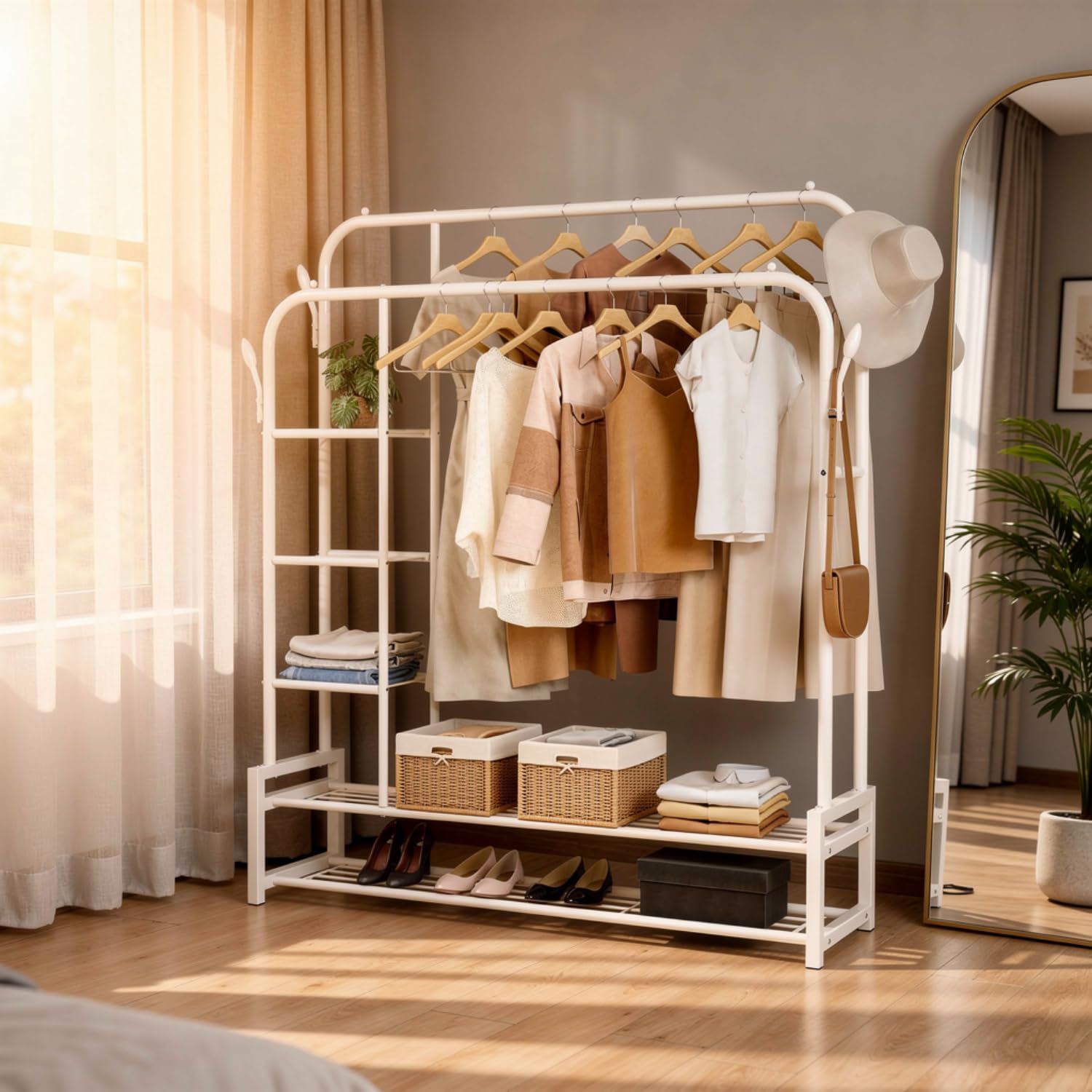 Krishyam Heavy-Duty Metal Cloth Stand (Double Rod 4 Shelve - White)