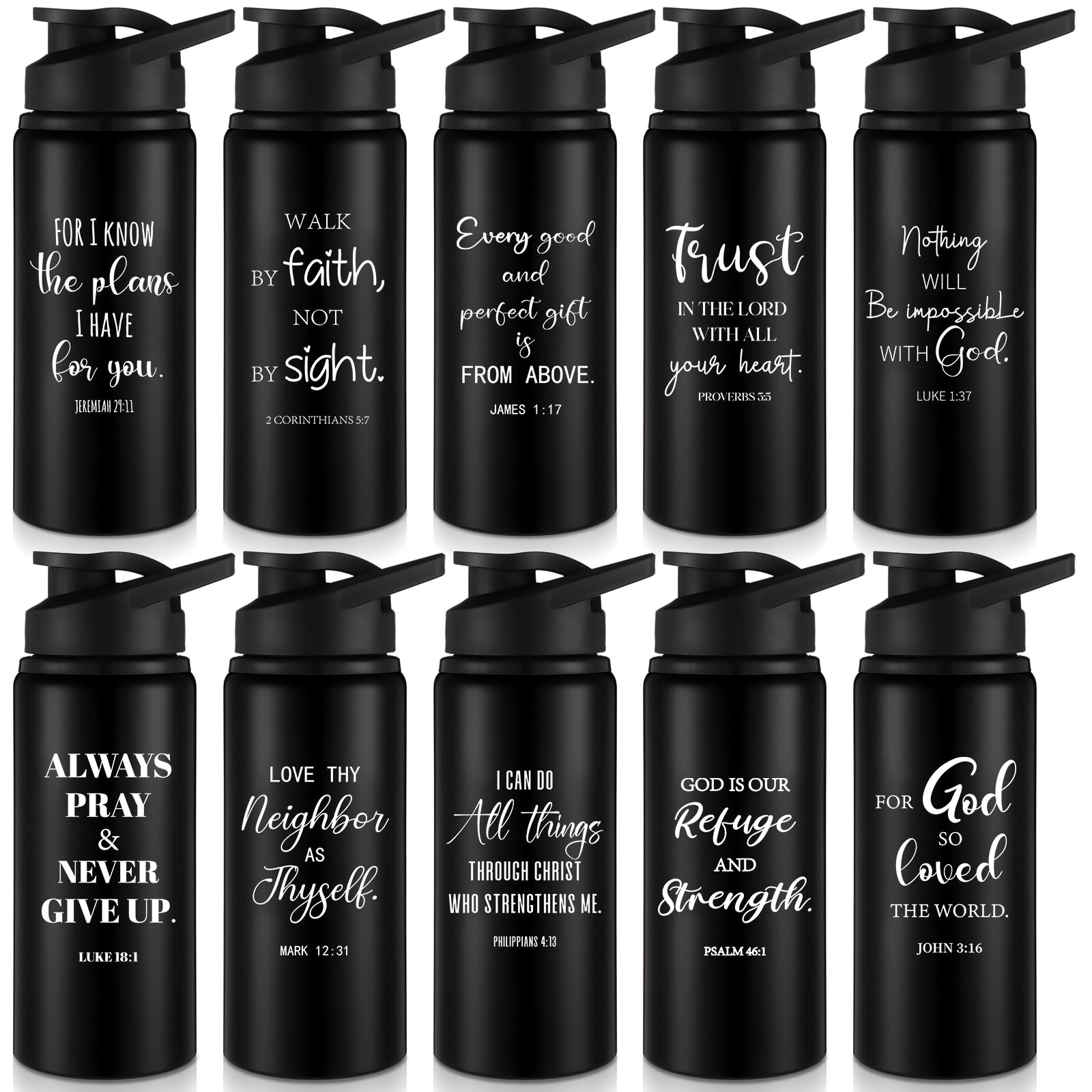 Skybooly 10 Pcs Christian Aluminum Water Bottles, Black, English