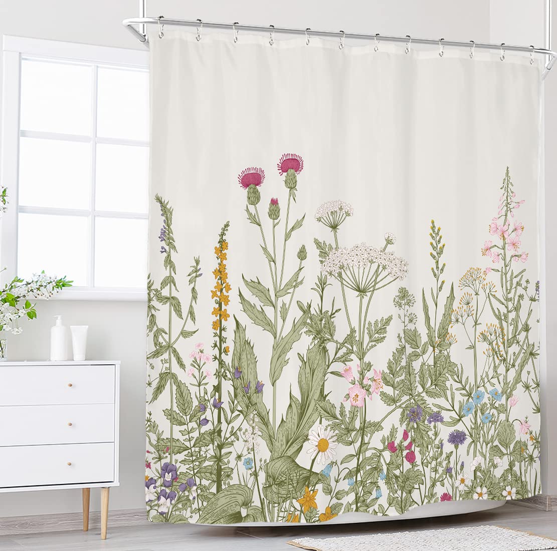 Riyidecor Fabric Green Leaves Shower Curtain for Bathroom Decor 60Wx72H Inch Floral Flower Botanical Wildflower Decorative Bath Set Plant Herbs Bathroom Accessories Polyester Waterproof 12 Pack Hooks
