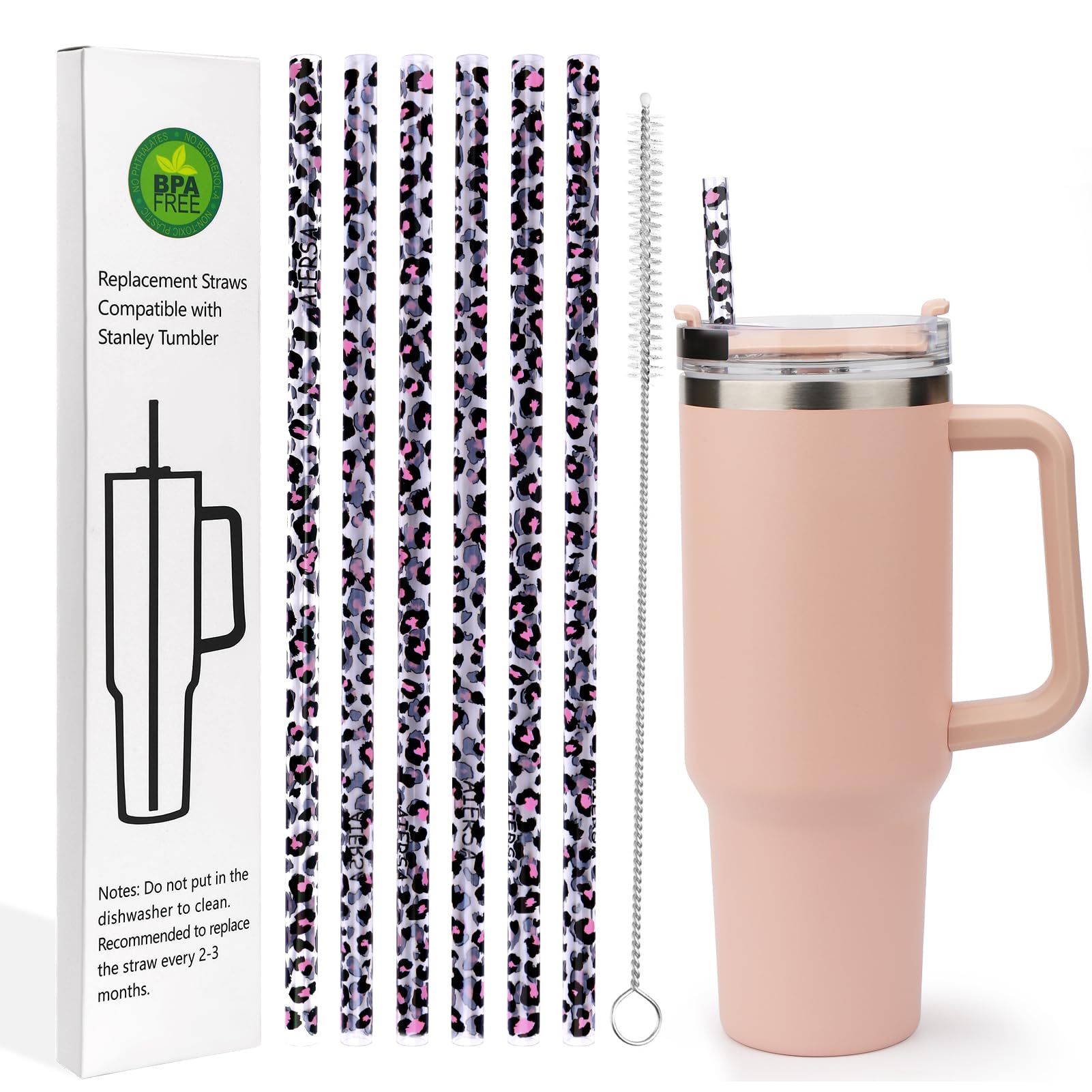 Aiersa 6 Pack Leopard Straw Replacement 40Oz For Stanley,Plastic Reusable Straw For Stanley Adventure Quencher Travel Tumbler,Lo
