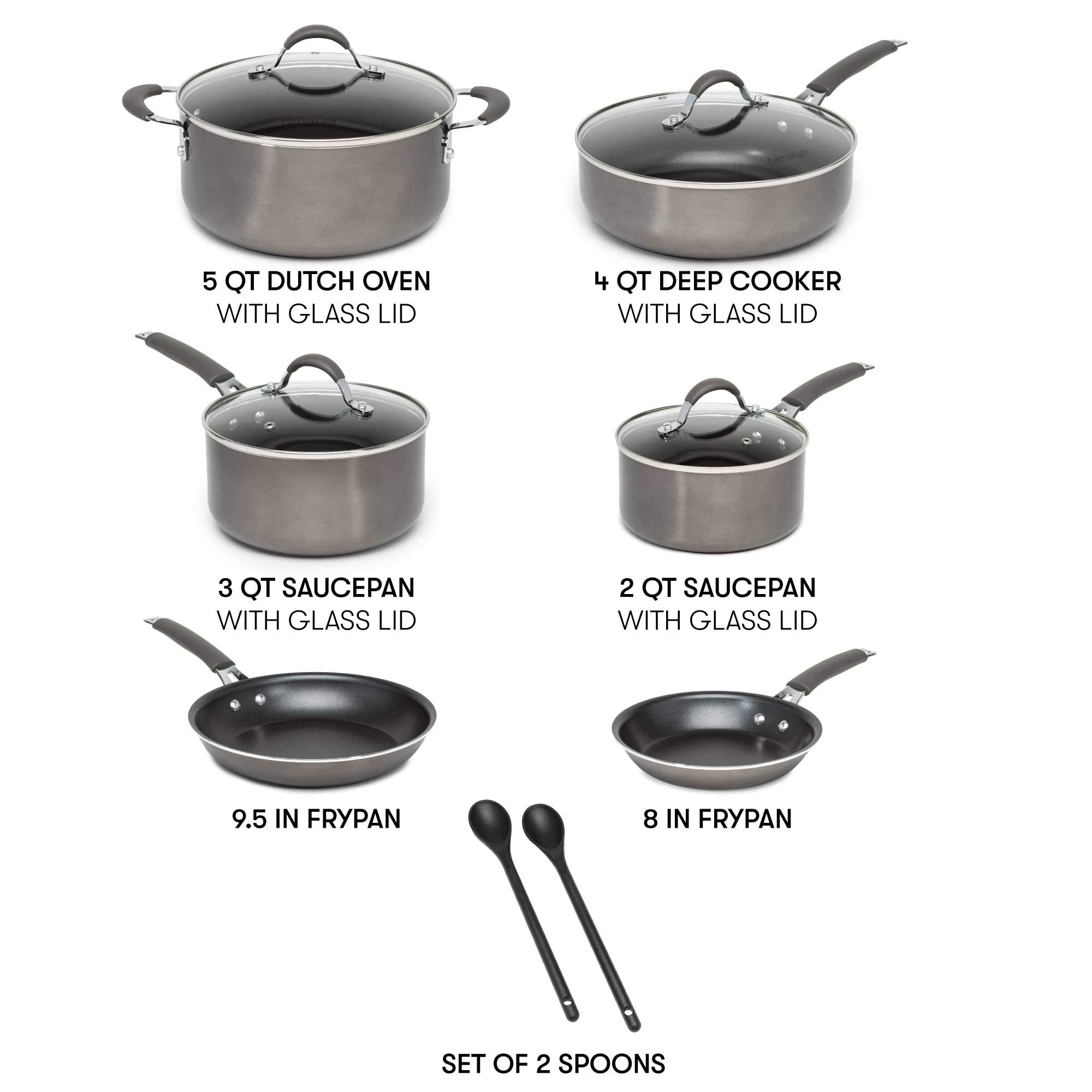 Cooking Light Allure Non-Stick Ceramic Cookware with Silicone Stay Cool Handle, 12 Piece Set, Charcoal