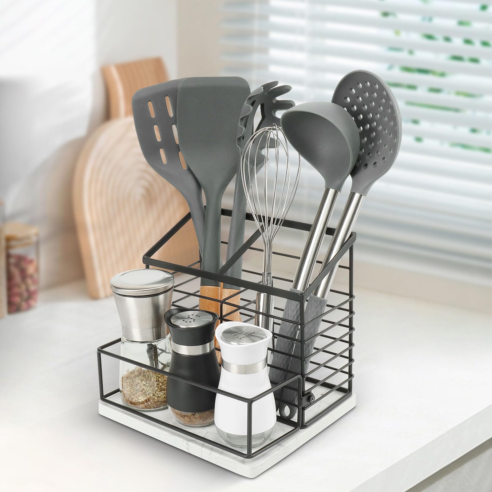 Jeasor Utensil Holder For Kitchen Counter, Metal Utensil Holder Rack With Salt And Pepper Shakers For Kitchen Countertop, Cookin