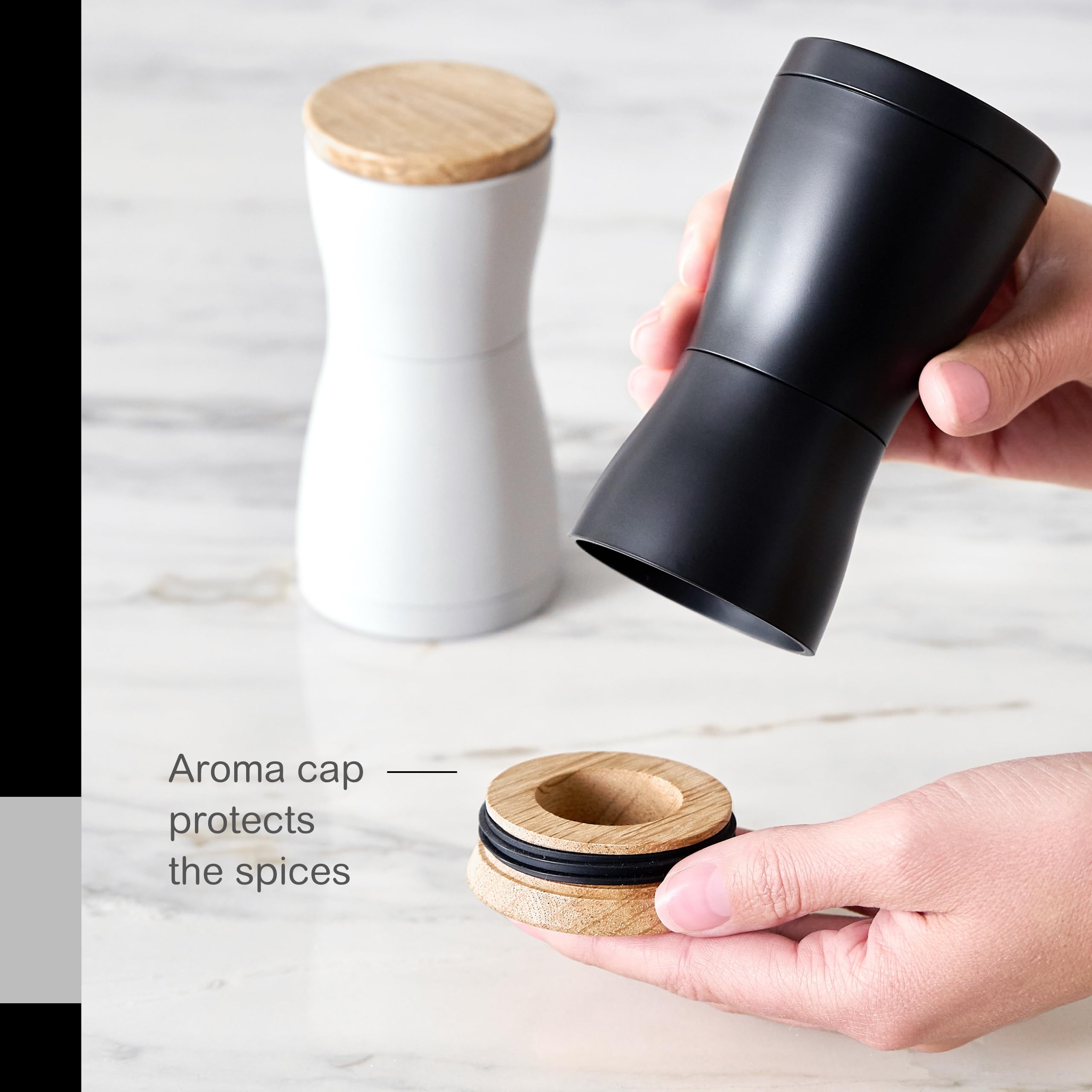 Adhoc Twin Salt And Pepper Mill Gift Set - Adjustable Salt & Peppercorn Grinder - Screw-On Lid In Upside-Down Design - White/Bla