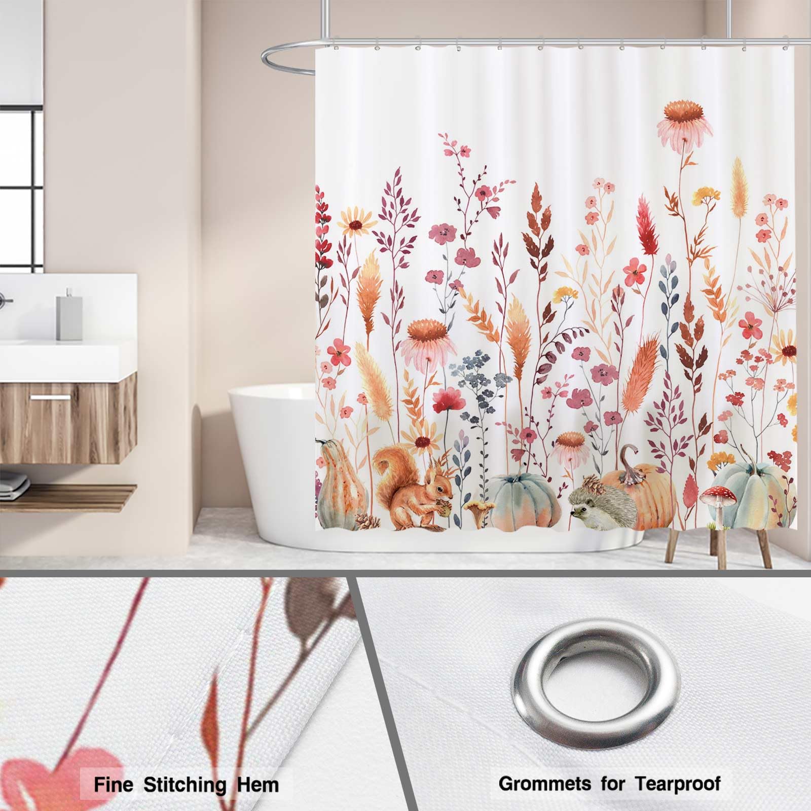 Funnytree 72''X72'' Autumn Flowers Fall Rustic Pumpkins Boho Leaves Floral Watercolor Bohemian Farmhouse Shower Curtain For Bath