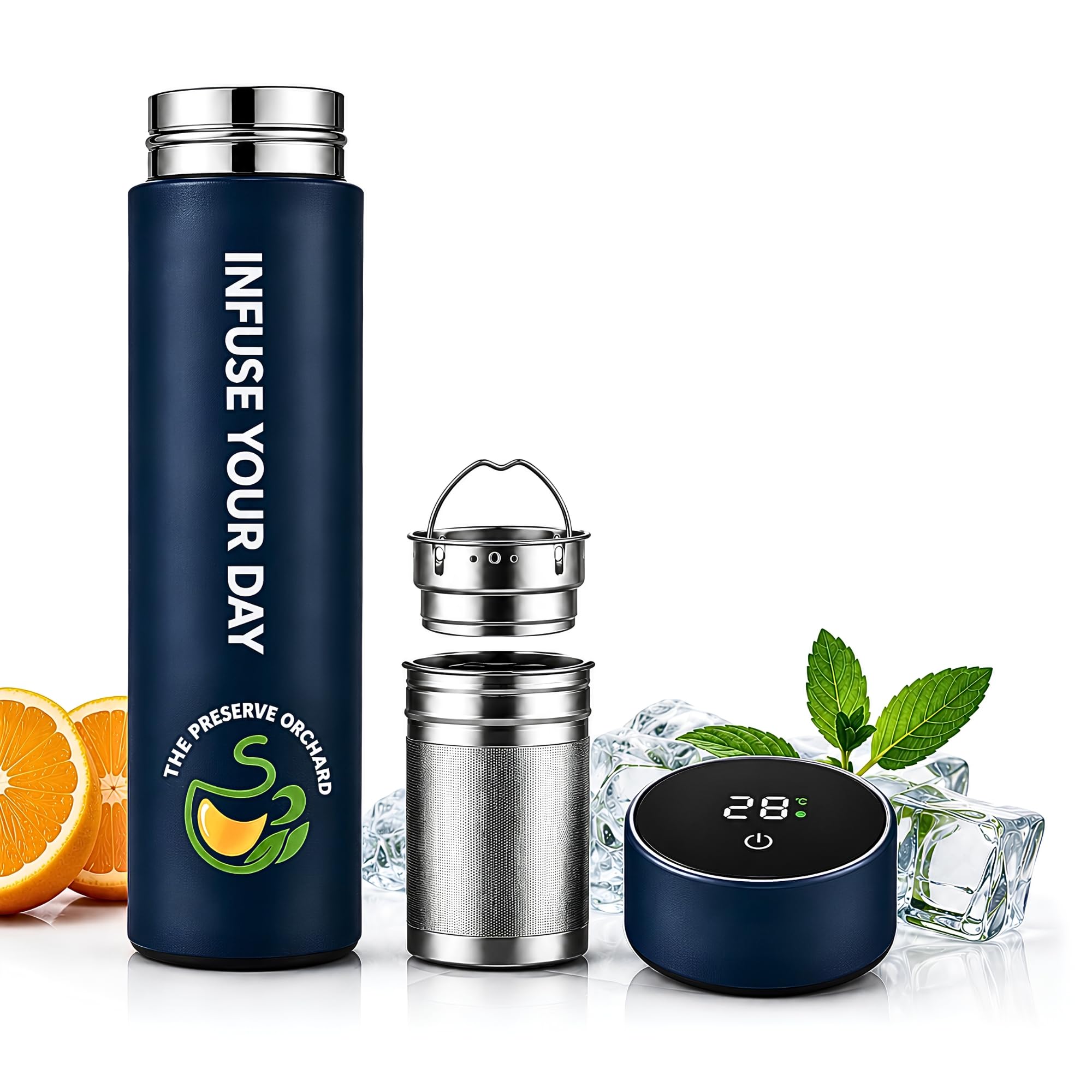 The Preserve Orchard Stainless Steel Insulated Bottle with long strainerTea and fruit Infuser for Hot and Cold Drinks with Smar