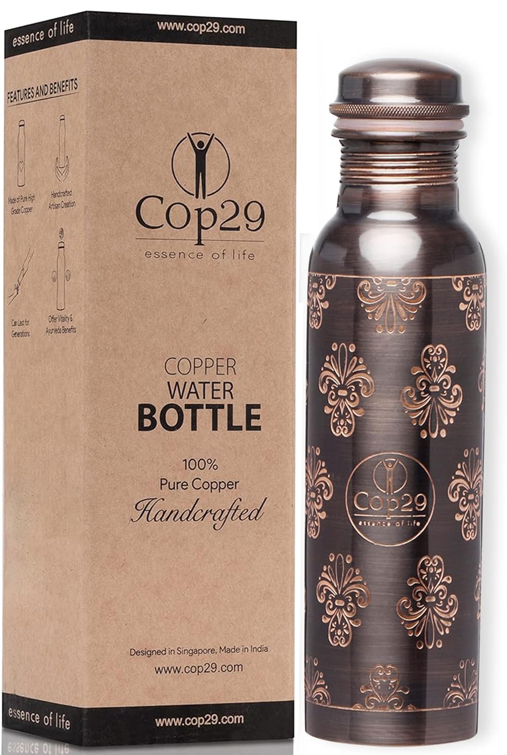 Cop29 Hand Engraved Premium Design Pure Copper Mira Antique Water Bottle: Joint Free & Leak Proof, 900Ml/30Oz