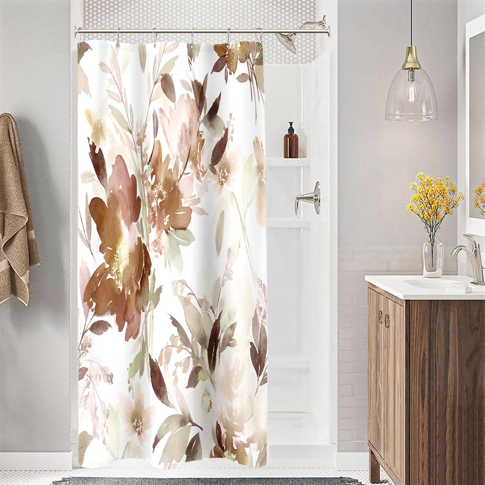 Mayzus Small Stall Shower Curtain 36 X 72 Inch, Half Narrow Watercolor Floral Fabric Shower Curtain, Modern Abstract Brown Flowe