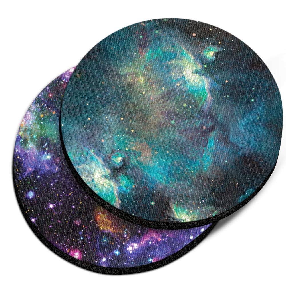 Caribou Coasters, Blue Sky Galaxy Nebula + Purple Nebula Galaxy Design Absorbent Round Fabric Felt Neoprene Car Coasters For Dri
