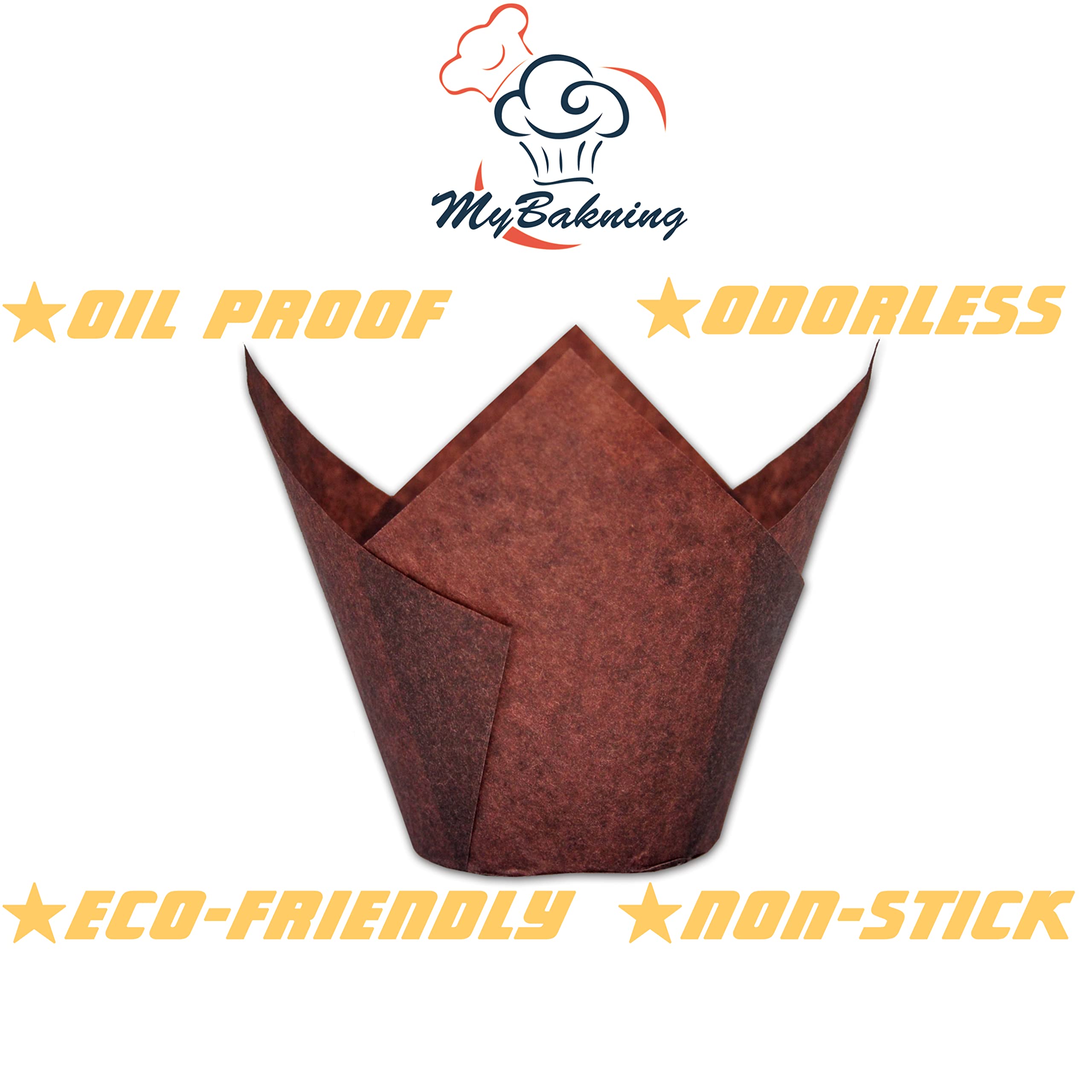 Mybakning Jumbo Extra Large Size Brown Tulip Baking Cups 2-1/4''(Base Diameter) X 3-3/4''(Wall Height) Greaseproof Paper Baking