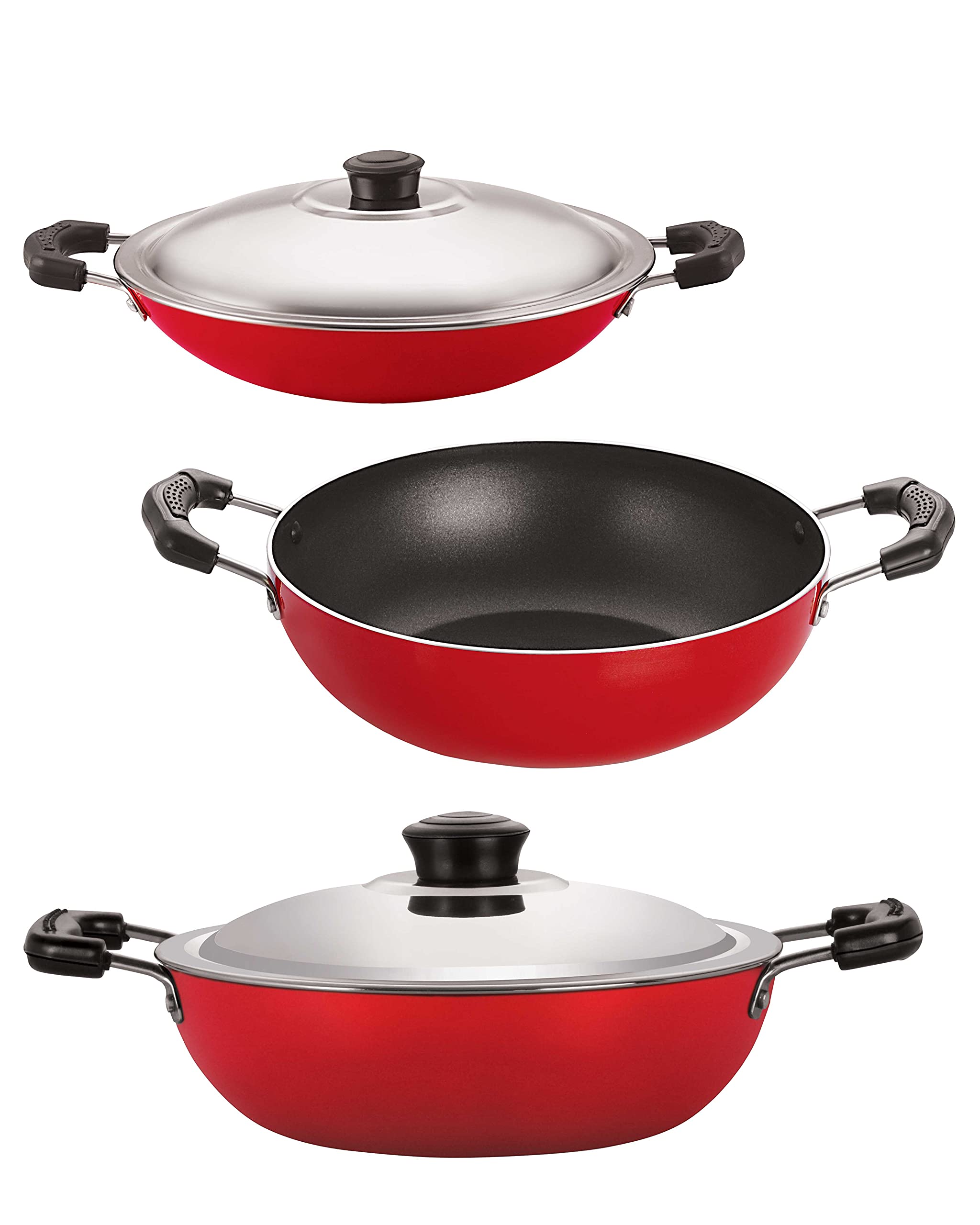 Nirlon 3Piece Simple Cooking Nonstick Cookware Set  Kadai 1.5 Liter, Deep Kadai With Lid 2.2 Liter, Appa Chatti 22 Cm