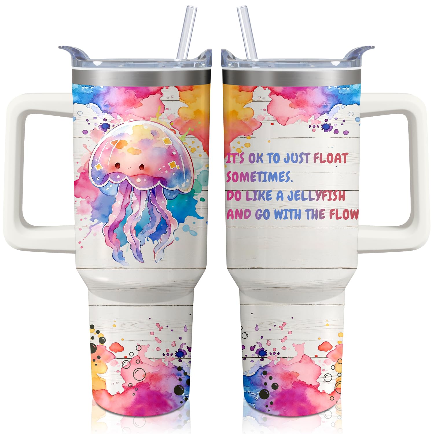 Xchearser 40oz Jellyfish Tumbler with Handle and Straw,Ocean Stainless Steel Insulated Cup with Lid and Straw, Travel Coffee Mug