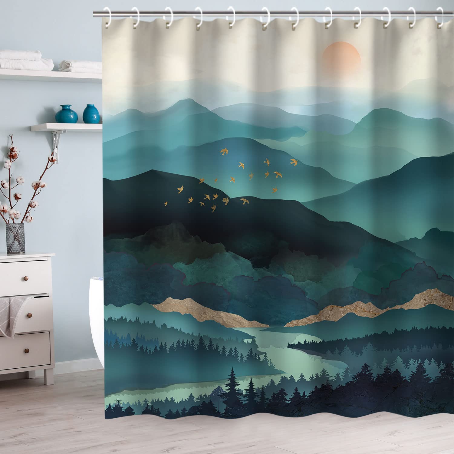 Rosielily Mountain Shower Curtain, Teal Shower Curtain For Bathroom, Cool Shower Curtain Nature Shower Curtain Hooks, Watercolor