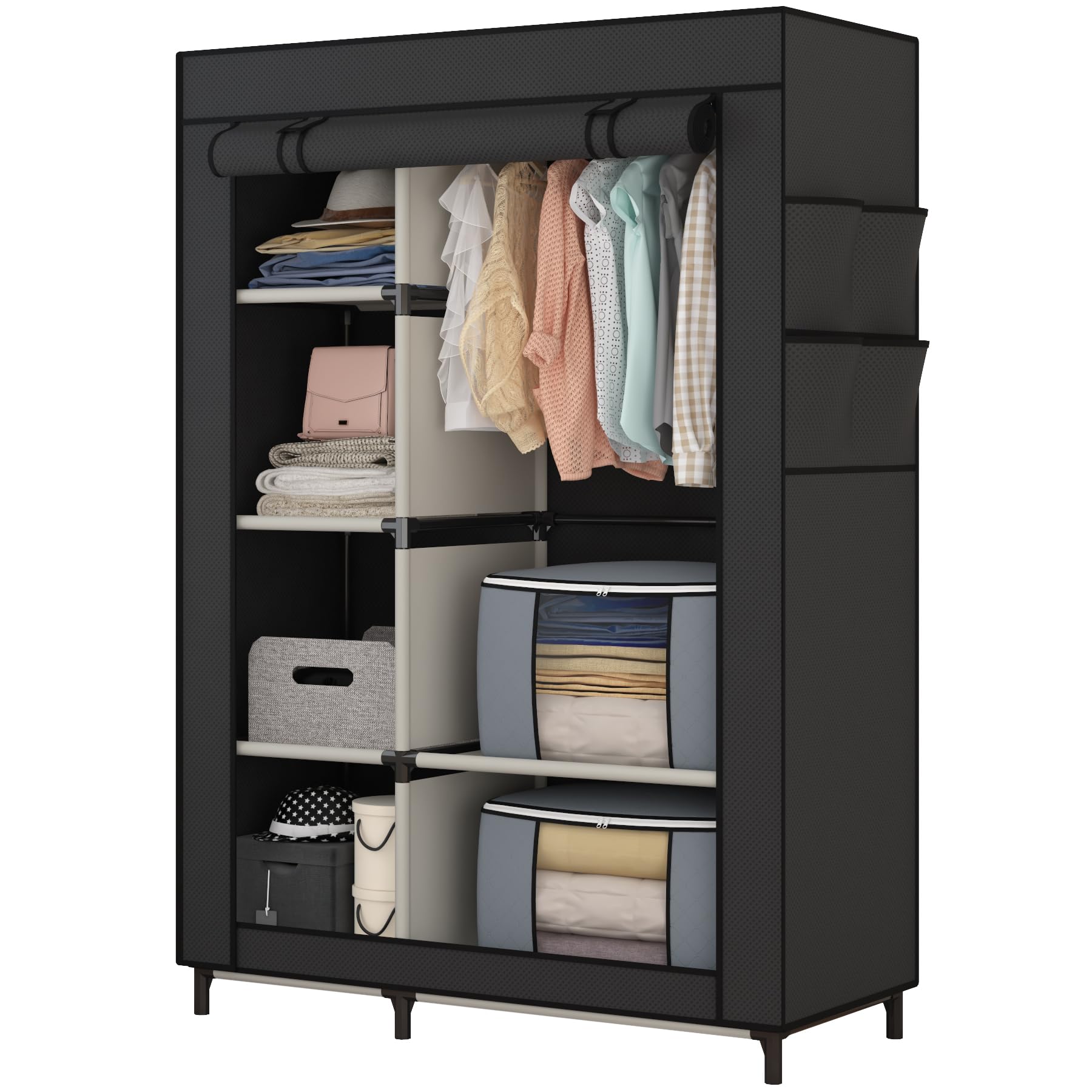Calmootey Portable Closet, Wardrobe With 6 Shelves And Hanging Rod, Storage Organizer For Bedroom, Non-Woven Fabric Cover With 4