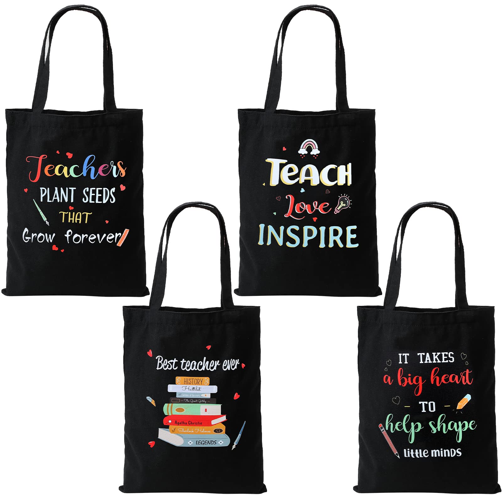 Hillban 4 Pcs Teacher Gifts For Christmas Teacher Appreciation Gifts Canvas Tote Bag Bulk, Teacher Gifts For Christmas, Graduati