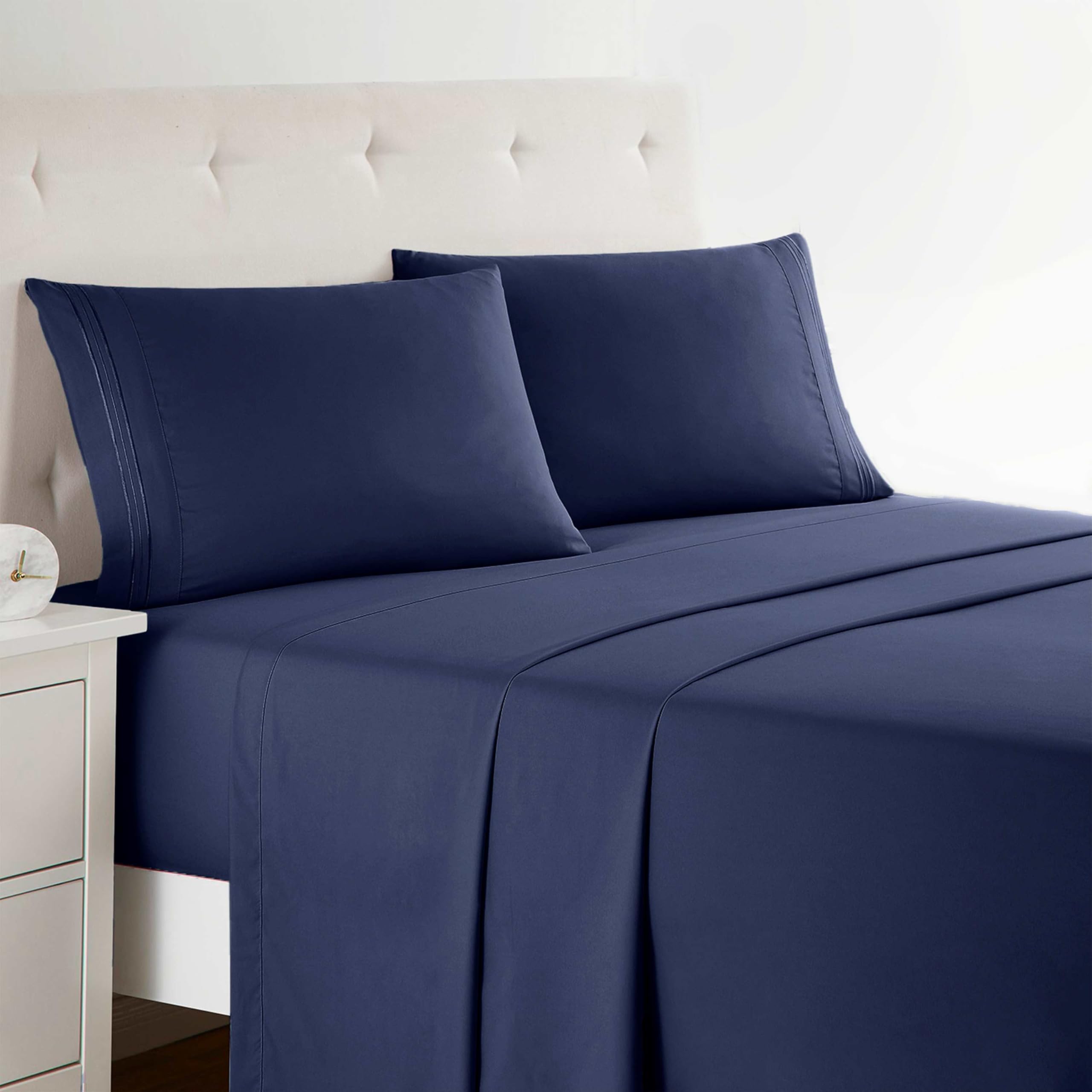 Clara Clark Bed Sheets, Premier 1800 Series 4 Piece Bed Sheet Set, Deep Pocket, Wrinkle, Fade, Stain Resistant, Luxury Soft Bedding Sheets & Pillowcases, Split King, Navy Blue-New Condition