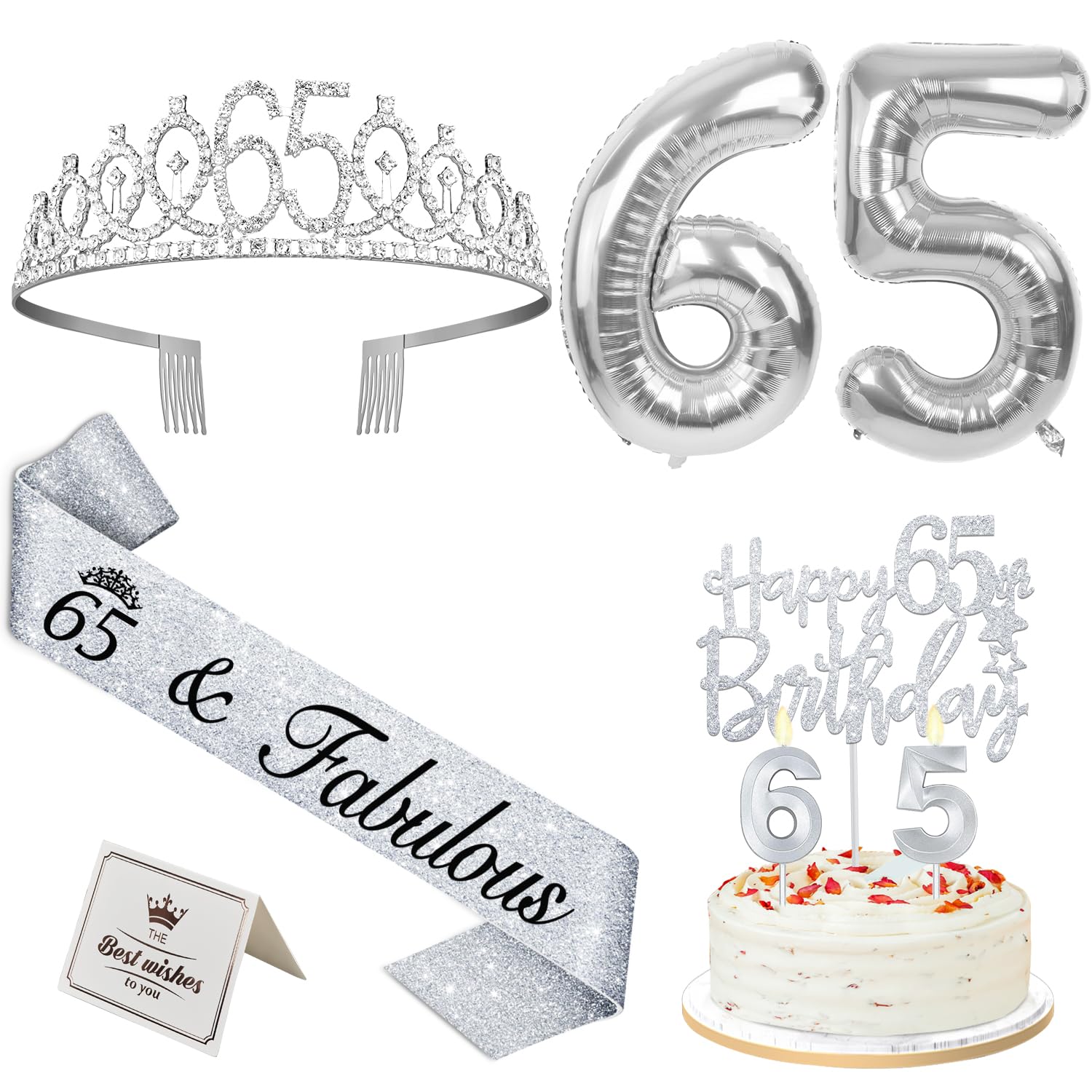 65th Birthday Decorations for Women Silver with 65th Birthday Sash and Tiara, Cake Topper and Candles, Silver Number Balloons, 6