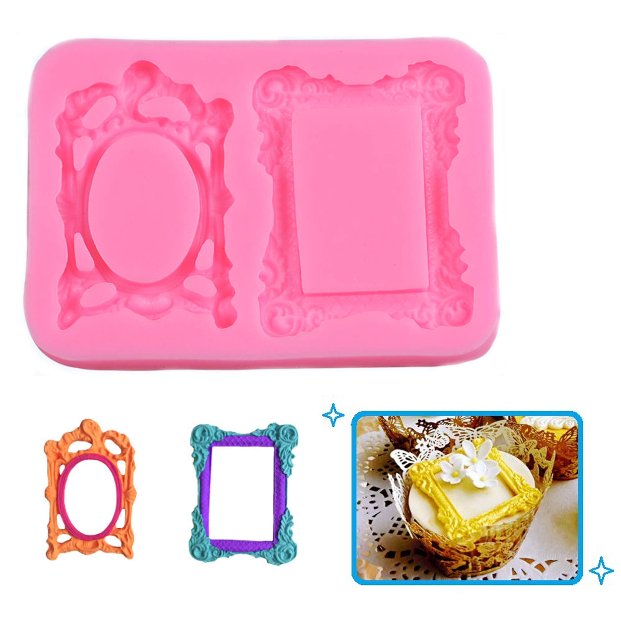 3 Pieces Pink Picture Frames Silicone Mold For Cake Decorating Sugar Gum Paste Chocolate Cookies Resin Polymer Clay