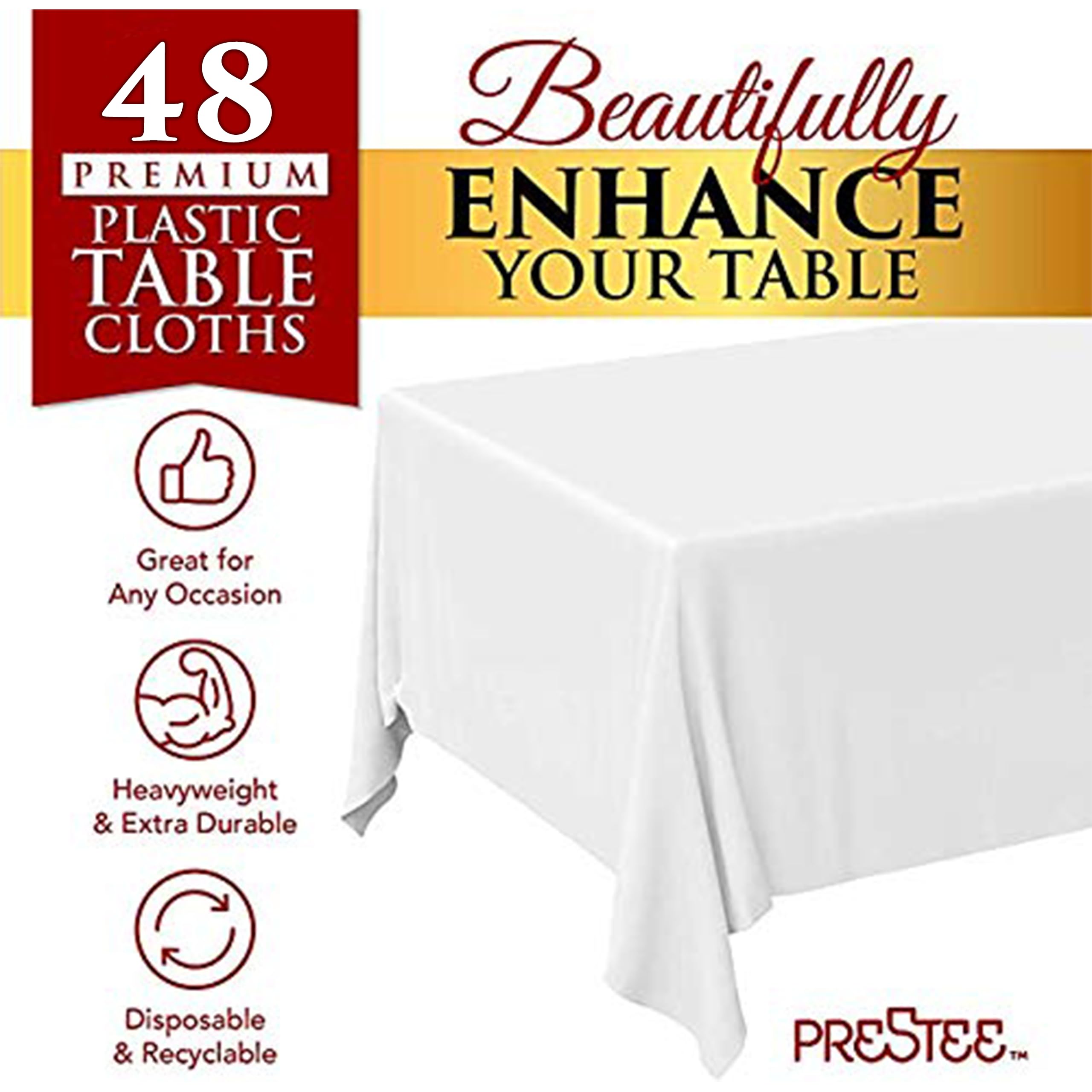 Prestee 48 White Plastic Tablecloth - 108 X 54 Plastic Table Cloths - Disposable Tablecloths, White Tablecloths, Plastic Table C