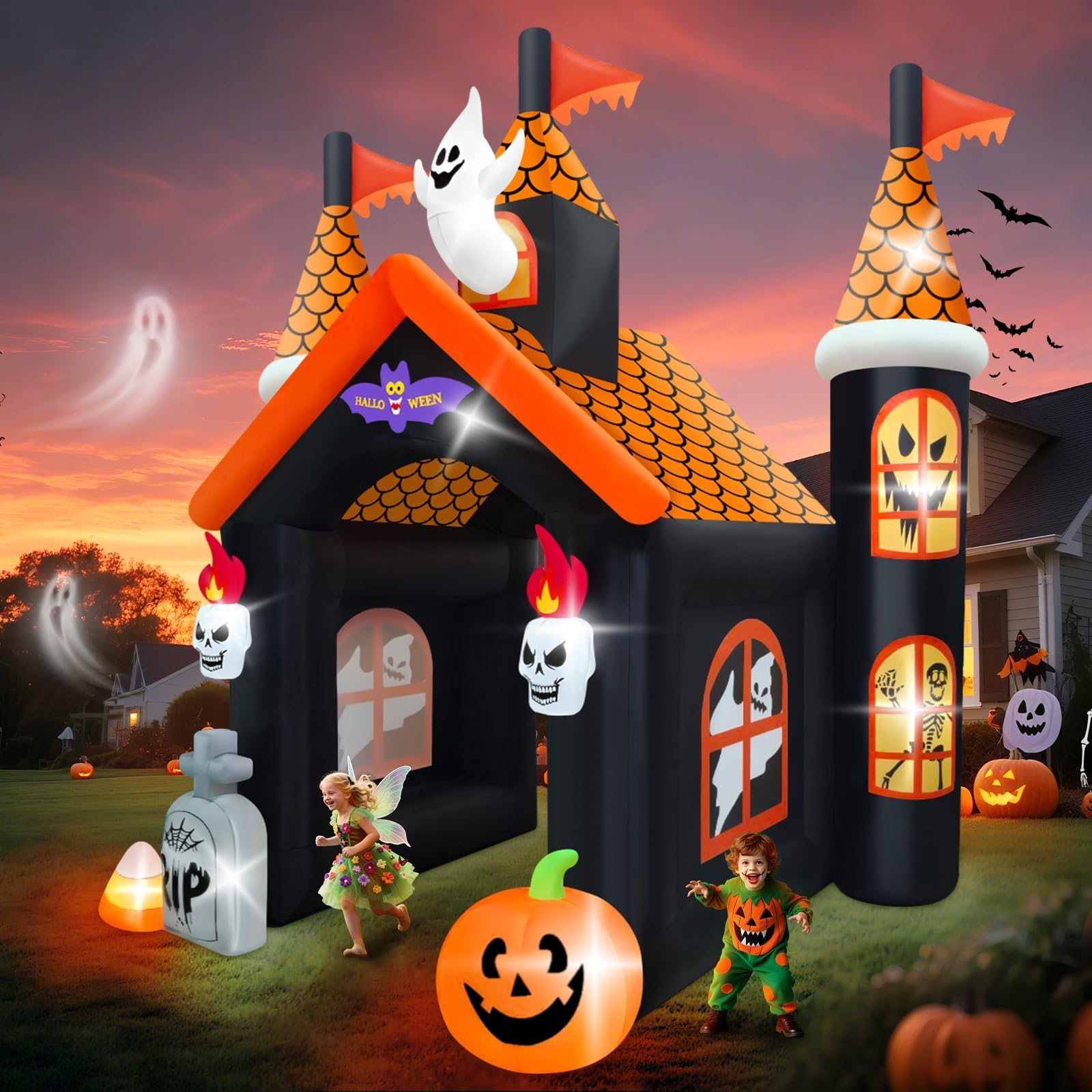 12FT Halloween Inflatable Archway with LED Light, Kalolary Large Haunted House Inflatable Ghost Pumpkin Blow up Tunnel Halloween