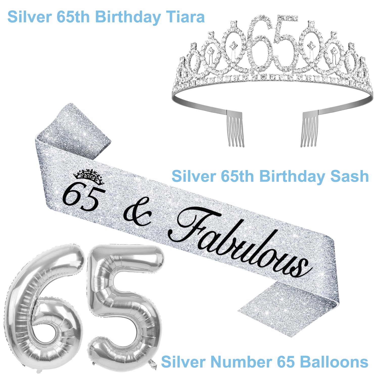 65th Birthday Decorations for Women Silver with 65th Birthday Sash and Tiara, Cake Topper and Candles, Silver Number Balloons, 6