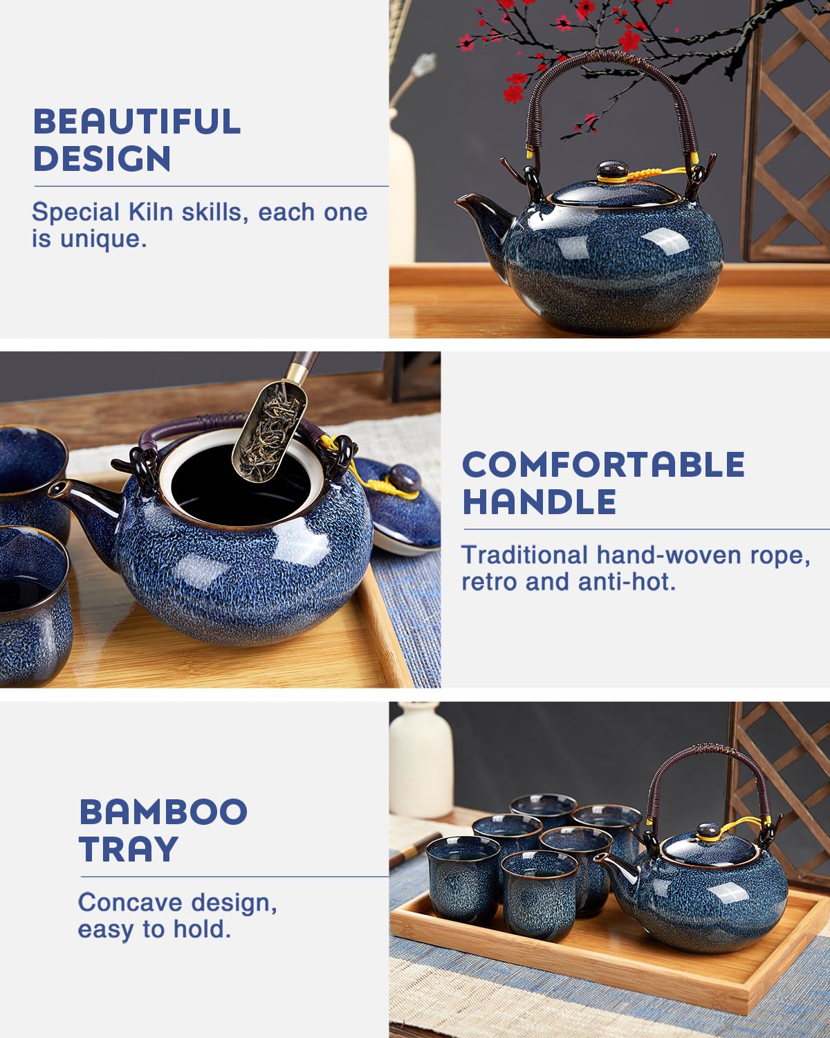 DUJUST Japanese Tea Set for 6  Kiln Altered Glaze Porcelain Tea Set with 1 Teapot  6 Tea Cups & 1 Tea Tray  Unique Chinese Tea Set for Adults/Tea Lovers/Women/Men  Blue