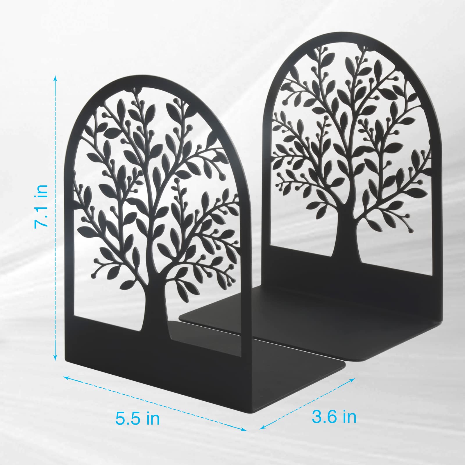 Umikk Metal Bookends - Tree of Life Design, Black Non-Skid, 7 x 5.5 x 3.5 inch, Decorative Bookends for Heavy Books (1 Pair)
