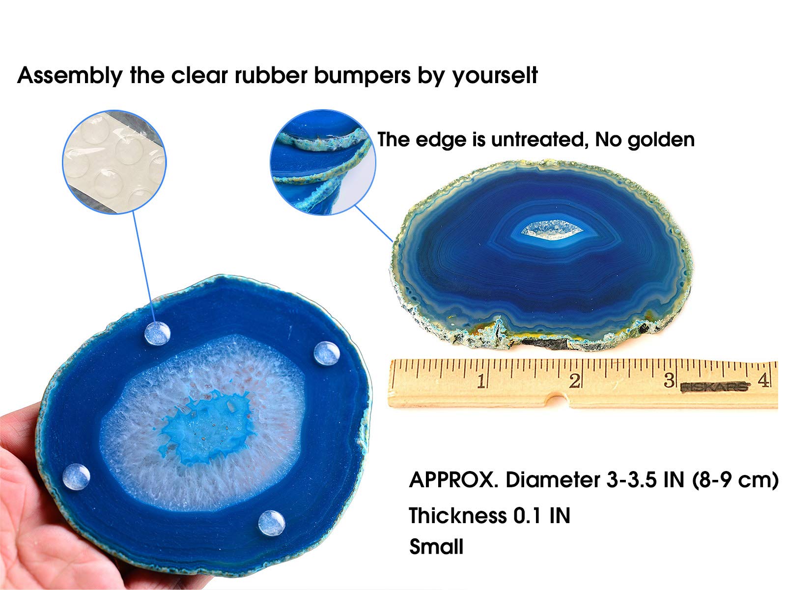 Amoystone Natural Stone Coasters Set Of 4 Blue Agate Crystal Coasters 3-3.5'' For Drinks Slice Coaster Cup Mat Beverage Mother G