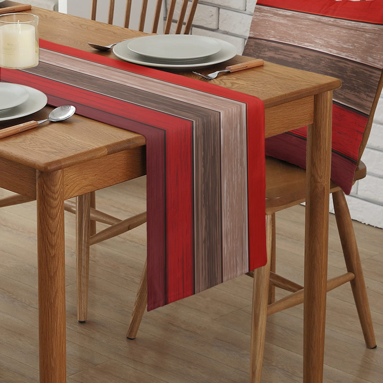 Farmhouse Christmas Table Runners Small 13X36 Inches ,Non-Slip Rectangle Cotton Linen Ombre Red Brown Holiday Runners, Retro Rus