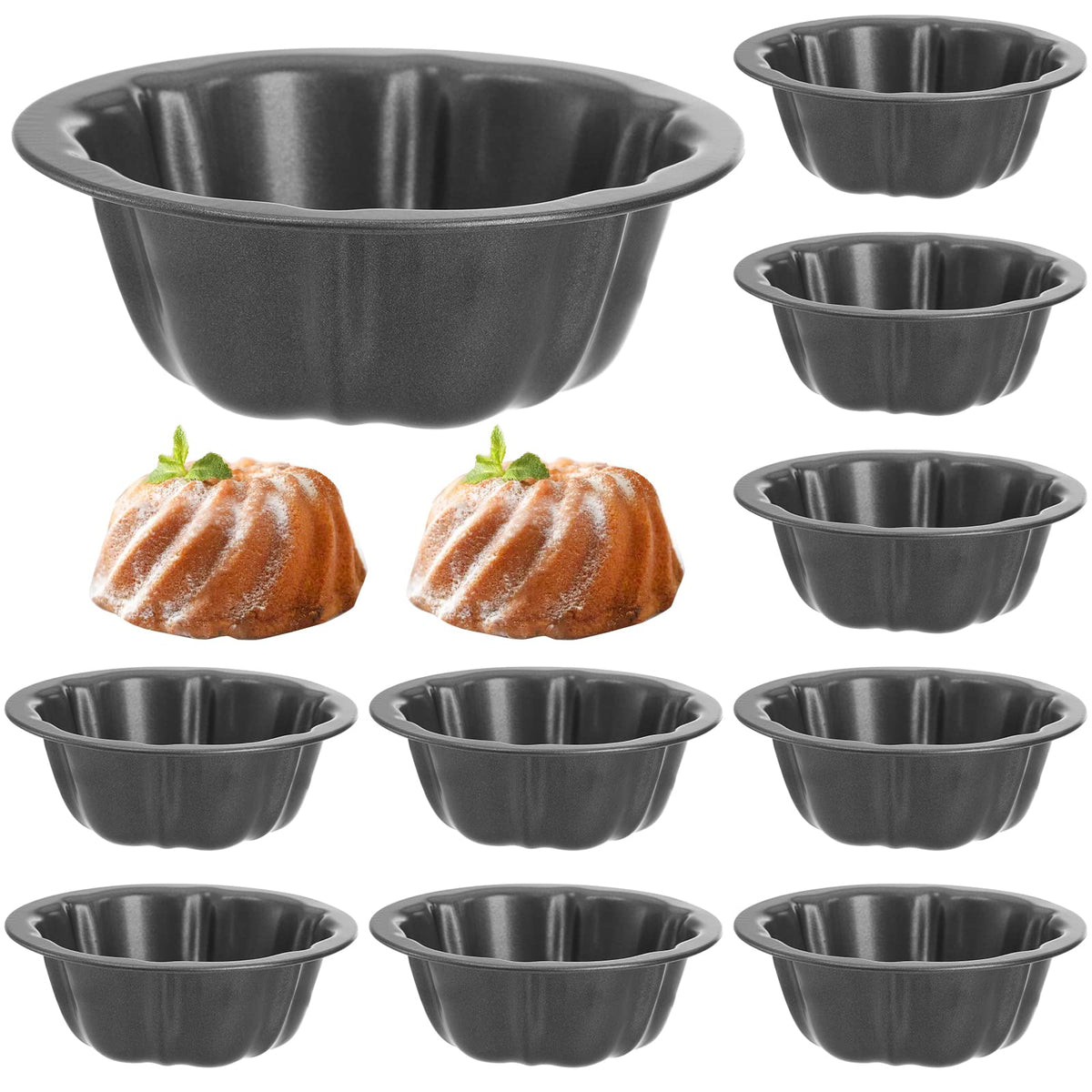 Zenfun Set Of 10 Mini Fluted Tube Pan, 4 Inch Carbon Steel Fluted Cake Mold Cup With Flower Shape, Nonstick Cake Pan Mini Tube O