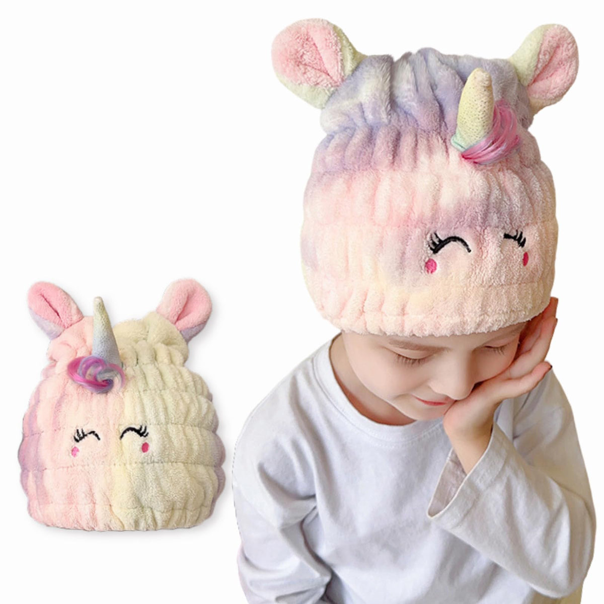 LCBD Microfiber Hair Towel Wrap for Kids, Unicorn Dry Hair Cap Set with Hair Scrunchies, Soft Absorbent Quick Hair Drying Towel