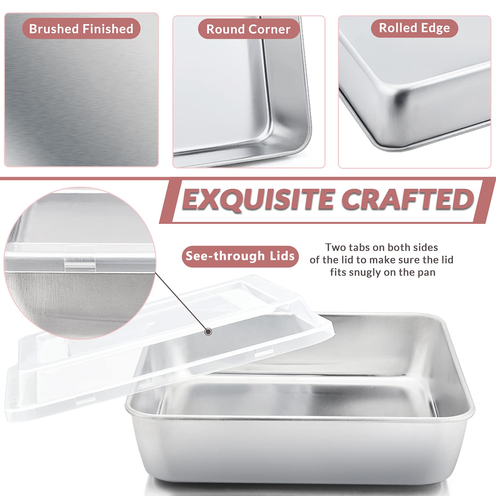 E-Far 9 X 9-Inch Baking Pan With Lid, Square Cake Brownie Baking Pans Stainless Steel Bakeware, Non-Toxic & Healthy, Easy Clean