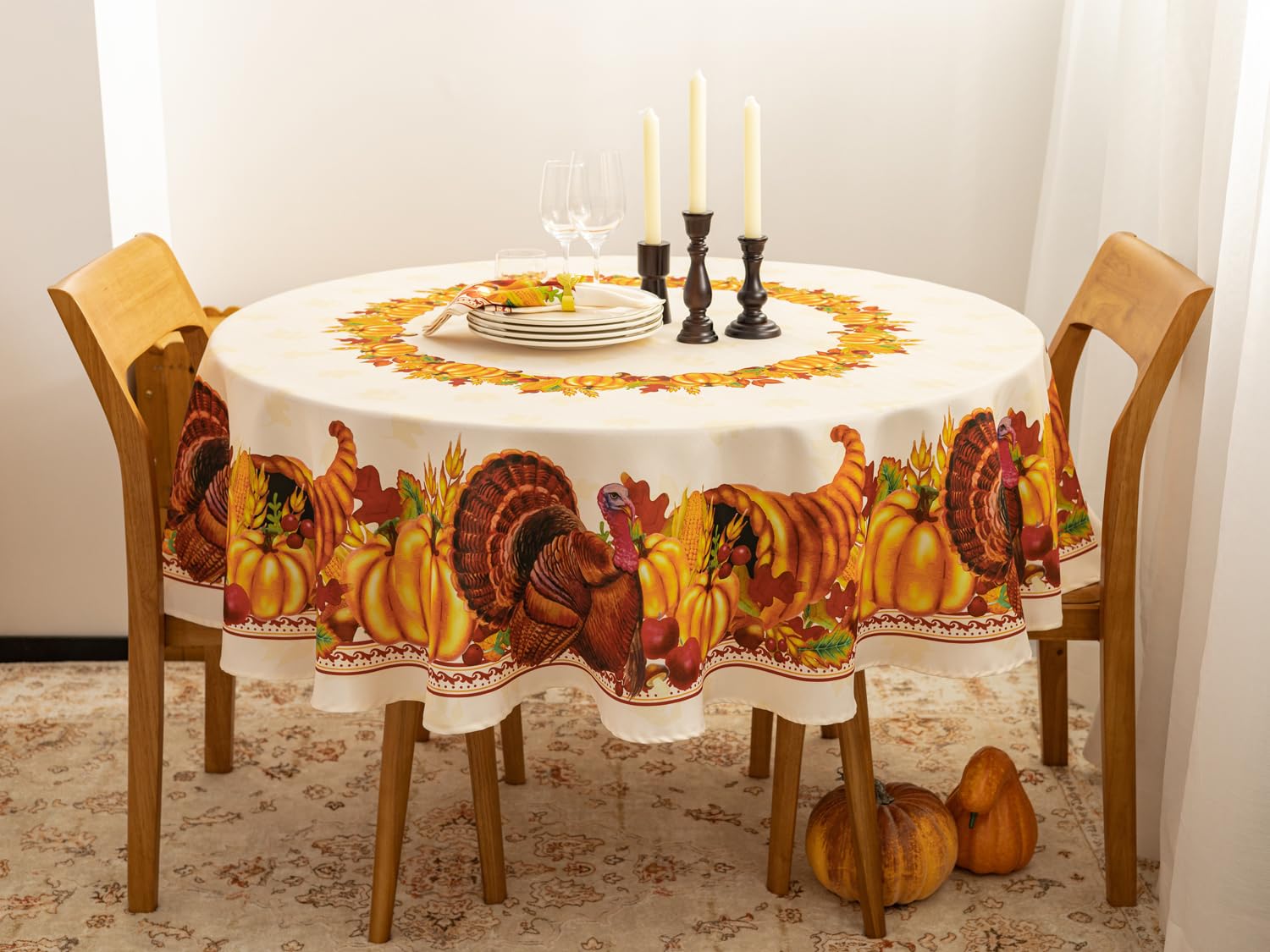 YiHomer Fall Thanksgiving Tabletop Collection for Kitchen Dining Decoration Parties Harvest, Harvest Party, Tablecloth, 70 Round