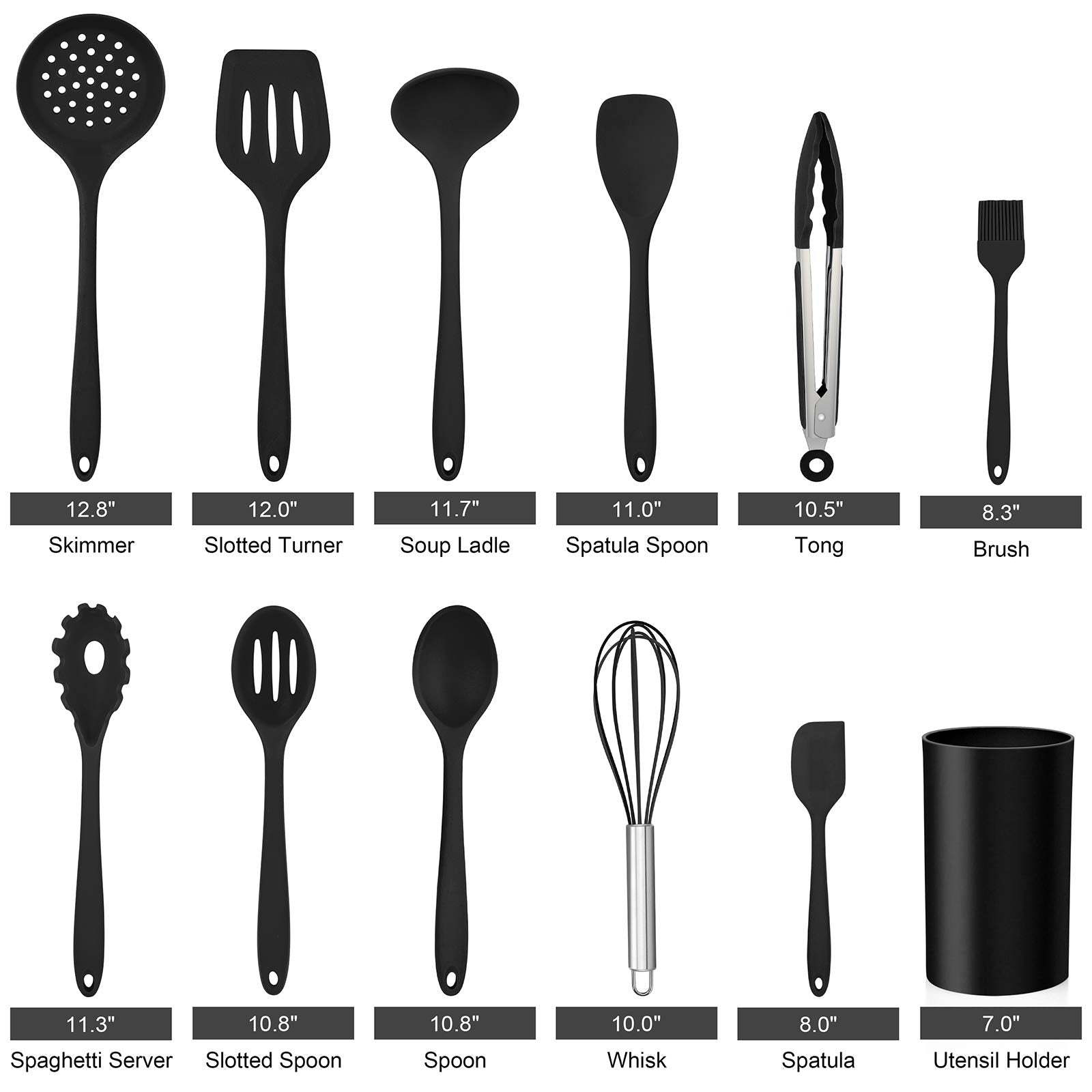 Lianyu 12-Piece Black Silicone Kitchen Cooking Utensils Set With Holder, Kitchen Tools Include Slotted Spatula Spoon Turner Ladl