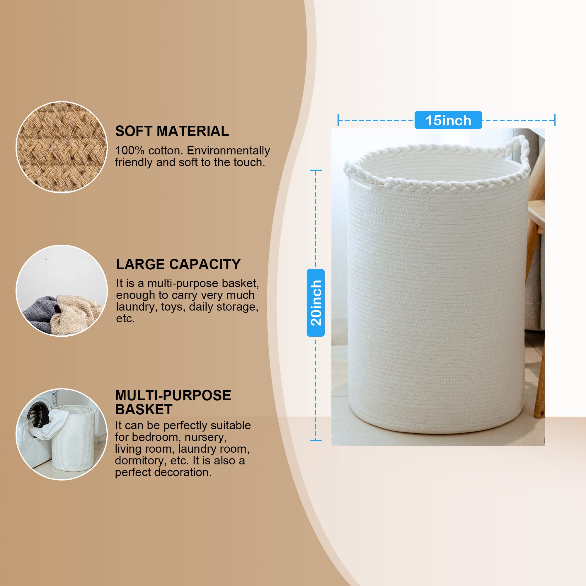 Homlikelan 58L Woven Laundry Basket,Cotton Tall Laundry Hamper For Blankets,Clothes,Pillows,Toys,Shoes Large Laundry Bin White