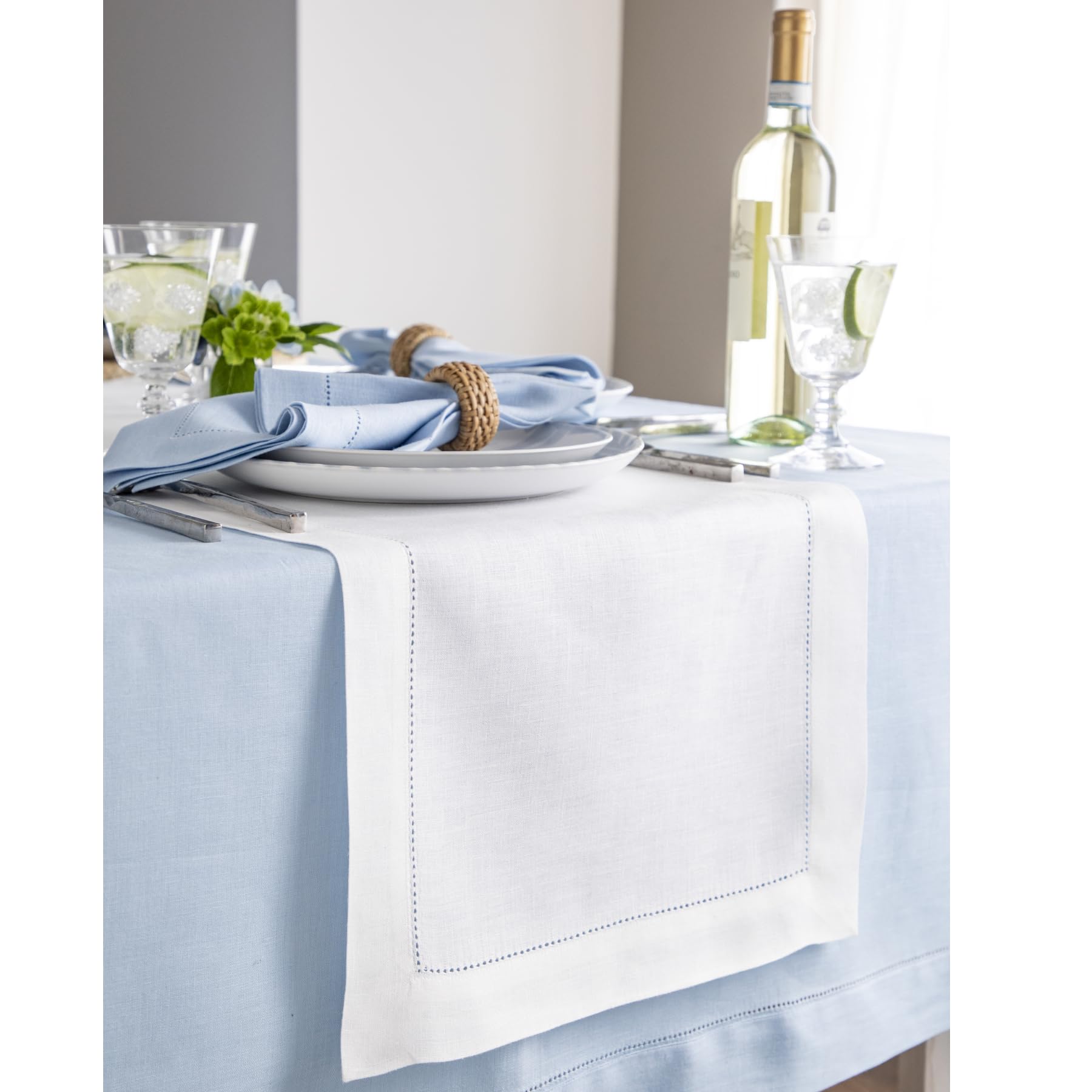 Solino Home Linen White Table Runner 120 Inches Long - 100% Pure Linen Classic Hemstitch Dining Table Runner 16 X 120 Inch Ideal