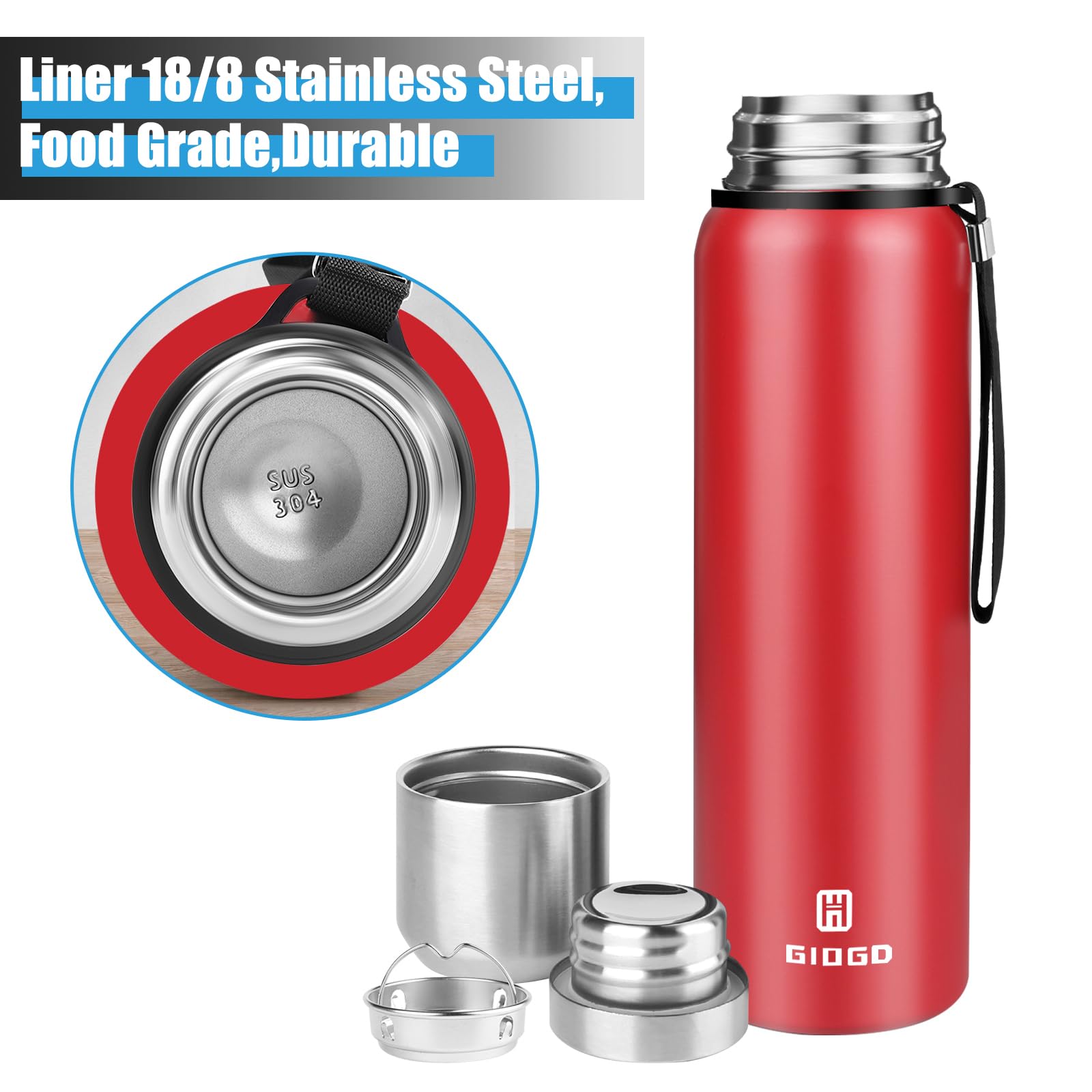 Insulated Vacuum Thermo Bottle 33Oz With Cup Lid Leakproof Stainless Water Flask For Coffee Hot And Cold Drink.(Red,1000Ml)