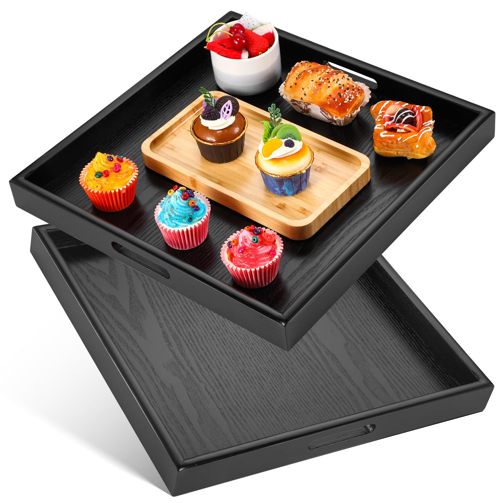 Mumufy 2 Pcs Square Large Ottoman Tray 16 X 16 Inch Extra Large Wood Serving Tray With Handle Black Ottoman Tray Ottoman Decorat