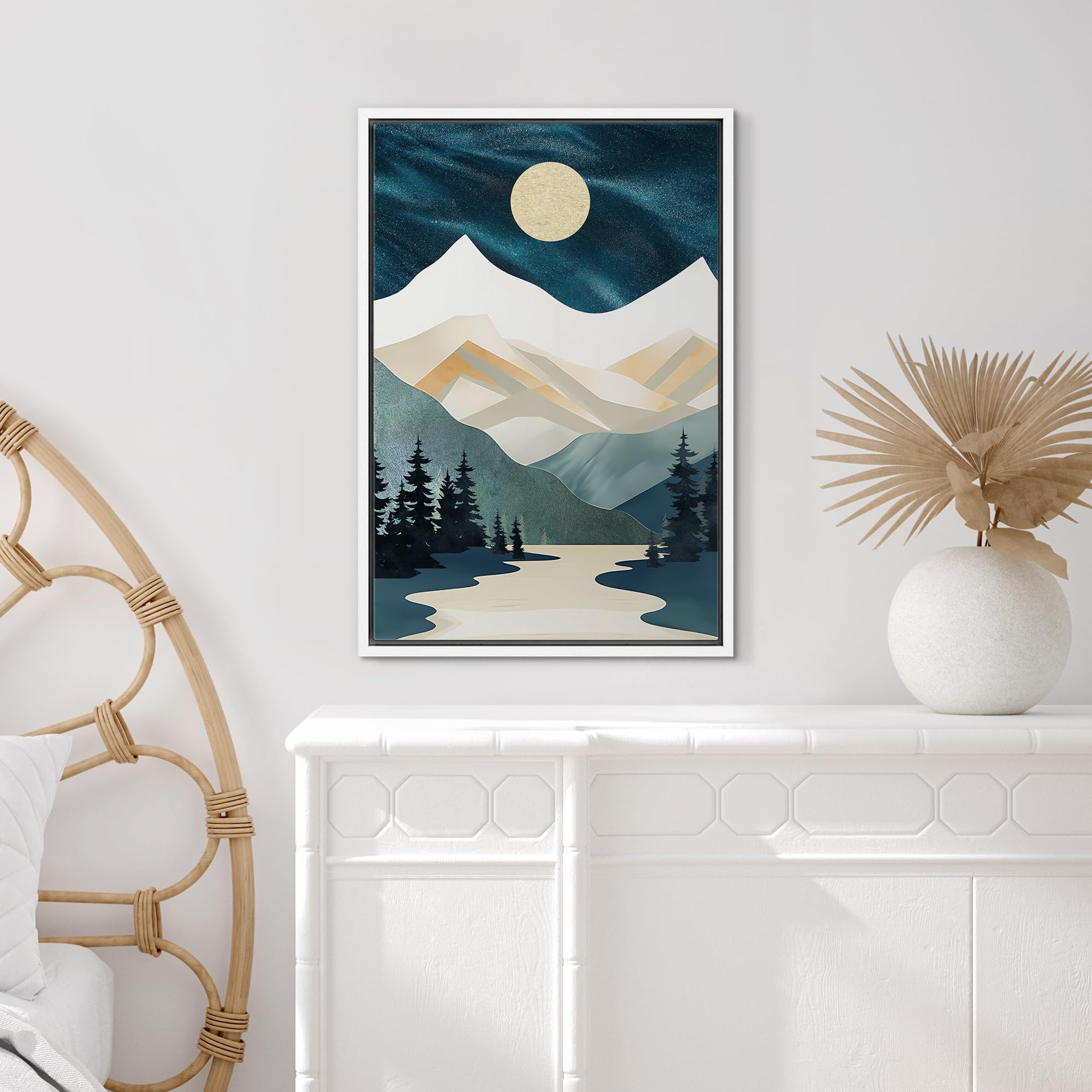 Signford Framed Canvas Print Wall Art Navy Blue Midnight Sky Moon Mountain Range Nature Wilderness Illustrations Decorative Bohe