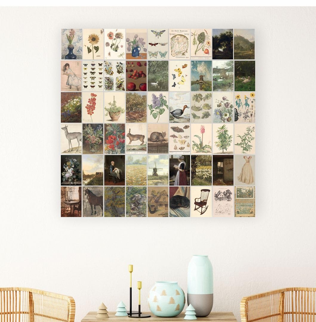 Cvanu Set Of 54 Botanical Art Aesthetic Picture Printed On Poster Wall Collage Kit With Glue Dot Tape For Wall Decor (6Inchx4Inc