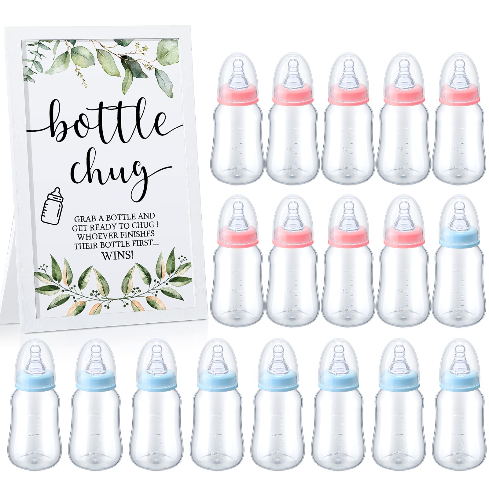 Roowest Bottle Chug Baby Shower Game Favors Including Eucalyptus Theme Bottle Chug Game Wooden Sign and 18 Pcs Baby Bottles for 