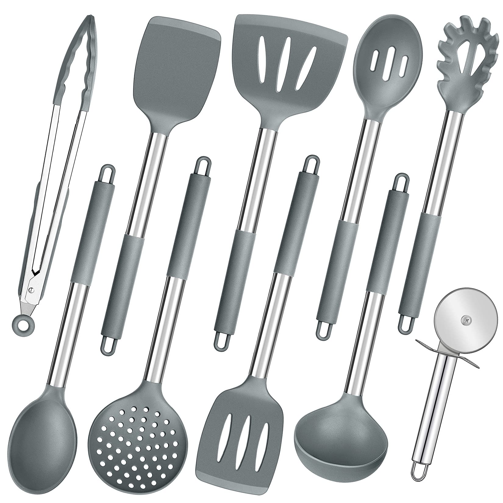 Grey Kitchen Cooking Utensils Set Of 10, P&P Chef Heat-Resistant Silicone Utensil With Stainless Steel Handle, Turner Spatula Sp