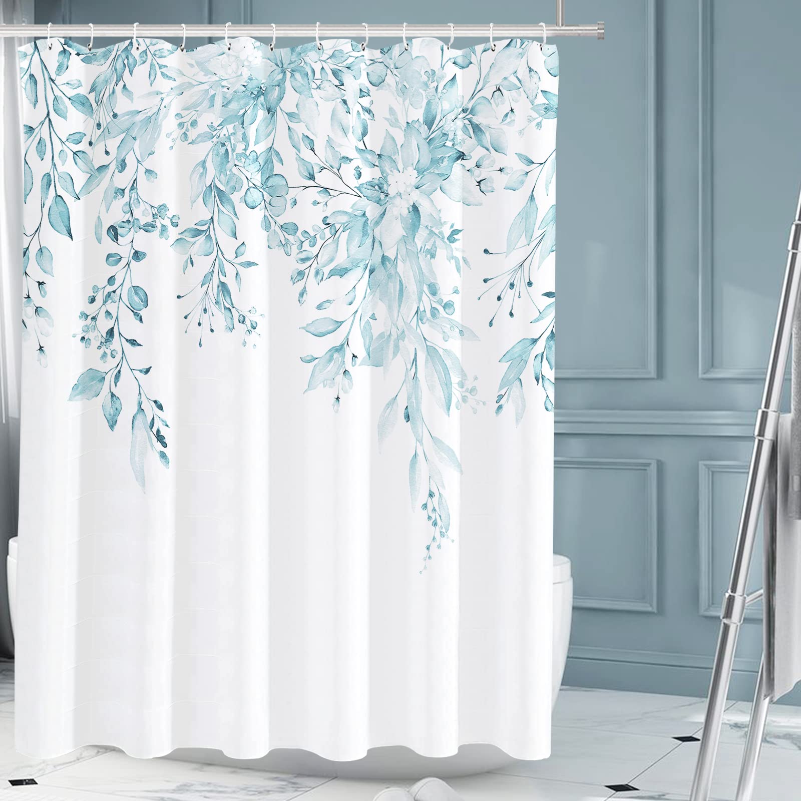 Tititex Spun Sugar Light Blue Eucalyptus Shower Curtain Sets, Bright Watercolor Leaves On The Top Plant With Floral Bathroom Dec