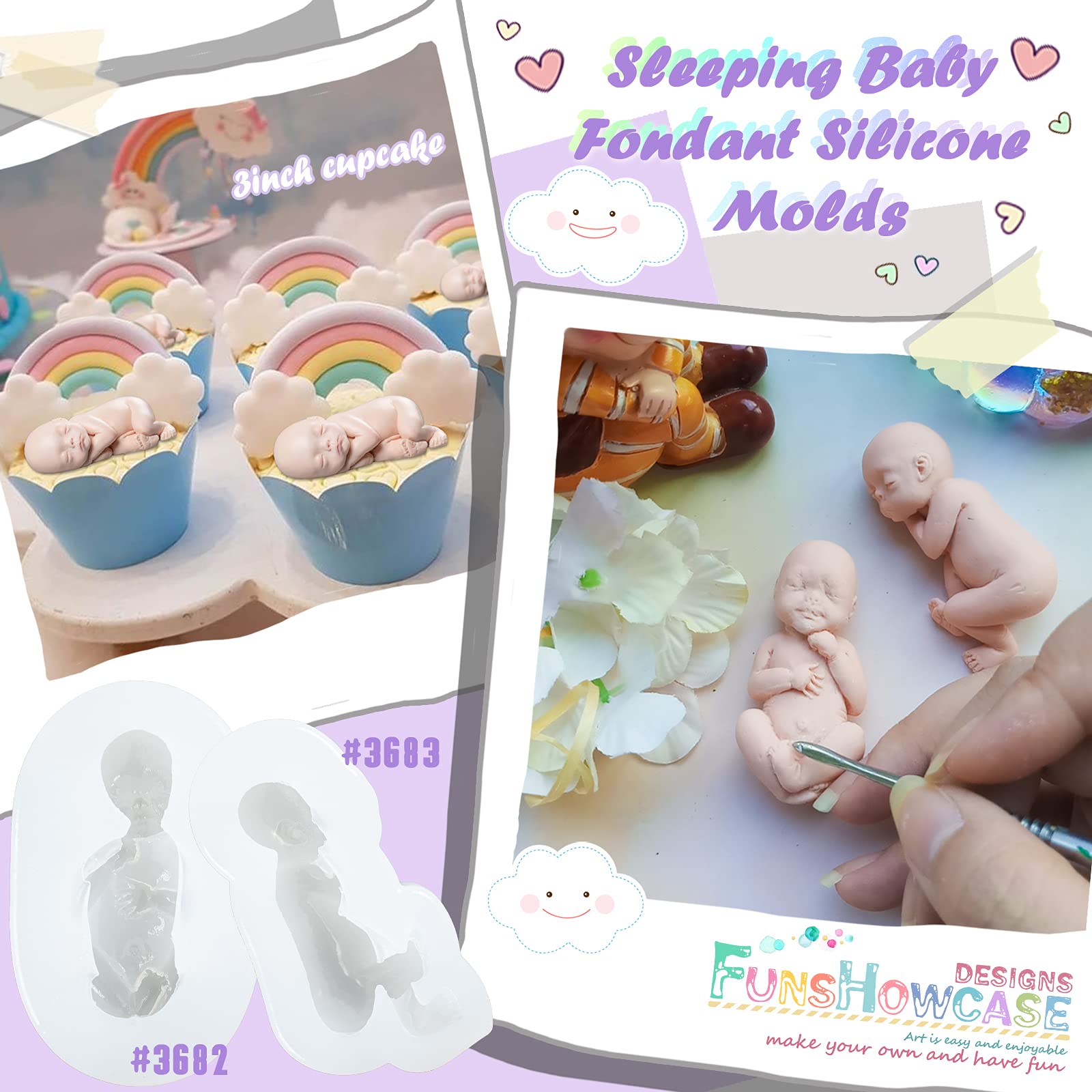 Sleeping Baby Fondant Silicone Molds For Cake Decoration Cupcake Topper Chocolate Soap Wax Clay 2-In-Set Around 2.4X1Inch