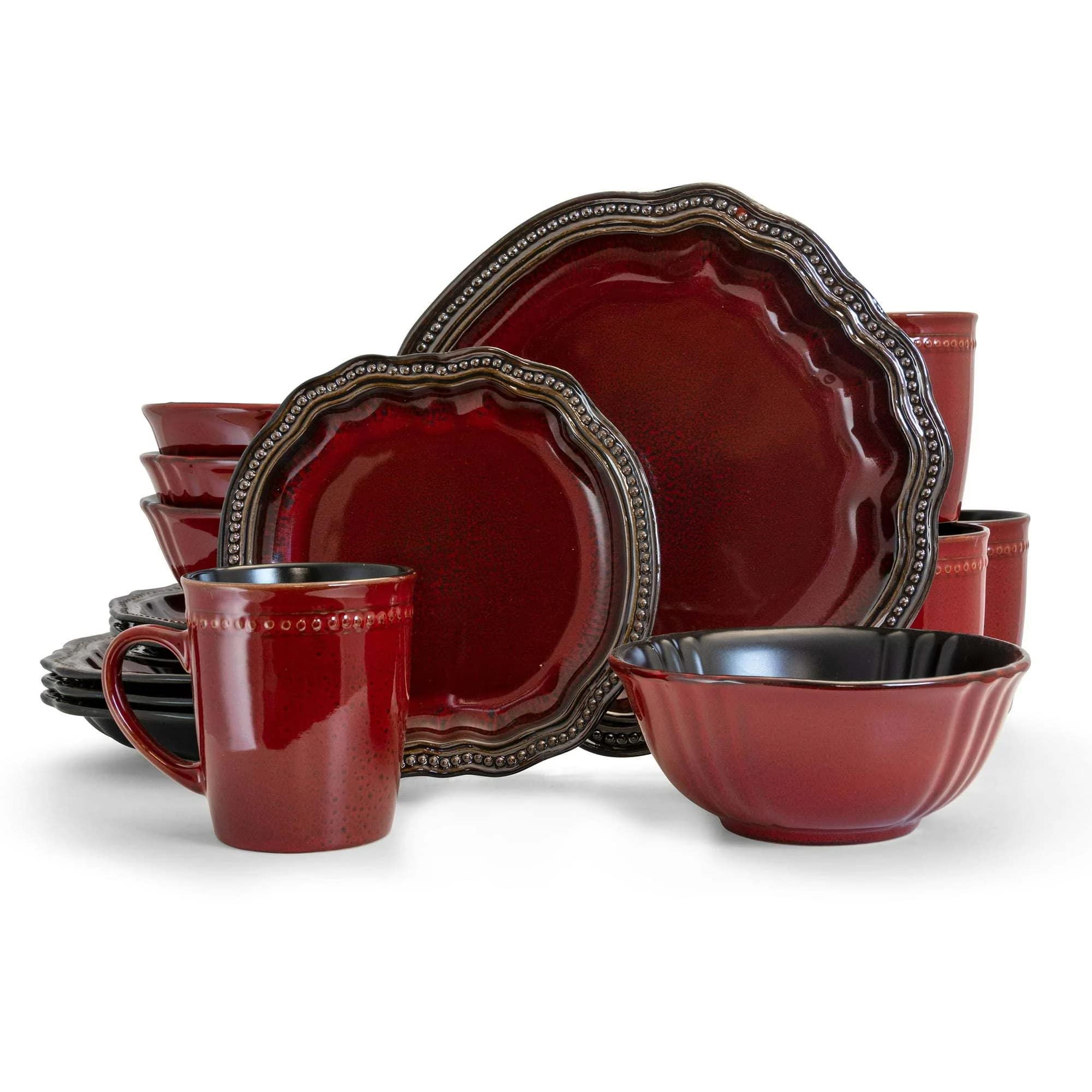 Elama Stoneware Round Oval Dinnerware Dish Set - Dark Red, 4-Piece Stoneware Dishes