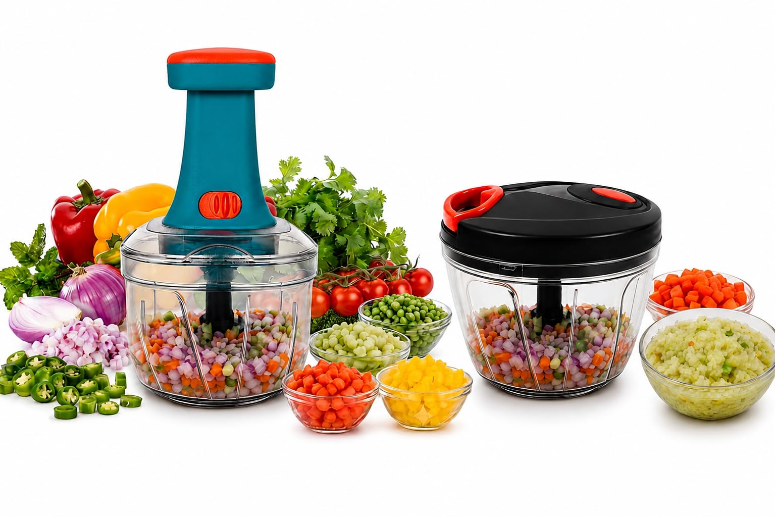 Manual Food Chopper Set, 2Pack Push & Pull String Vegetable Cutter
