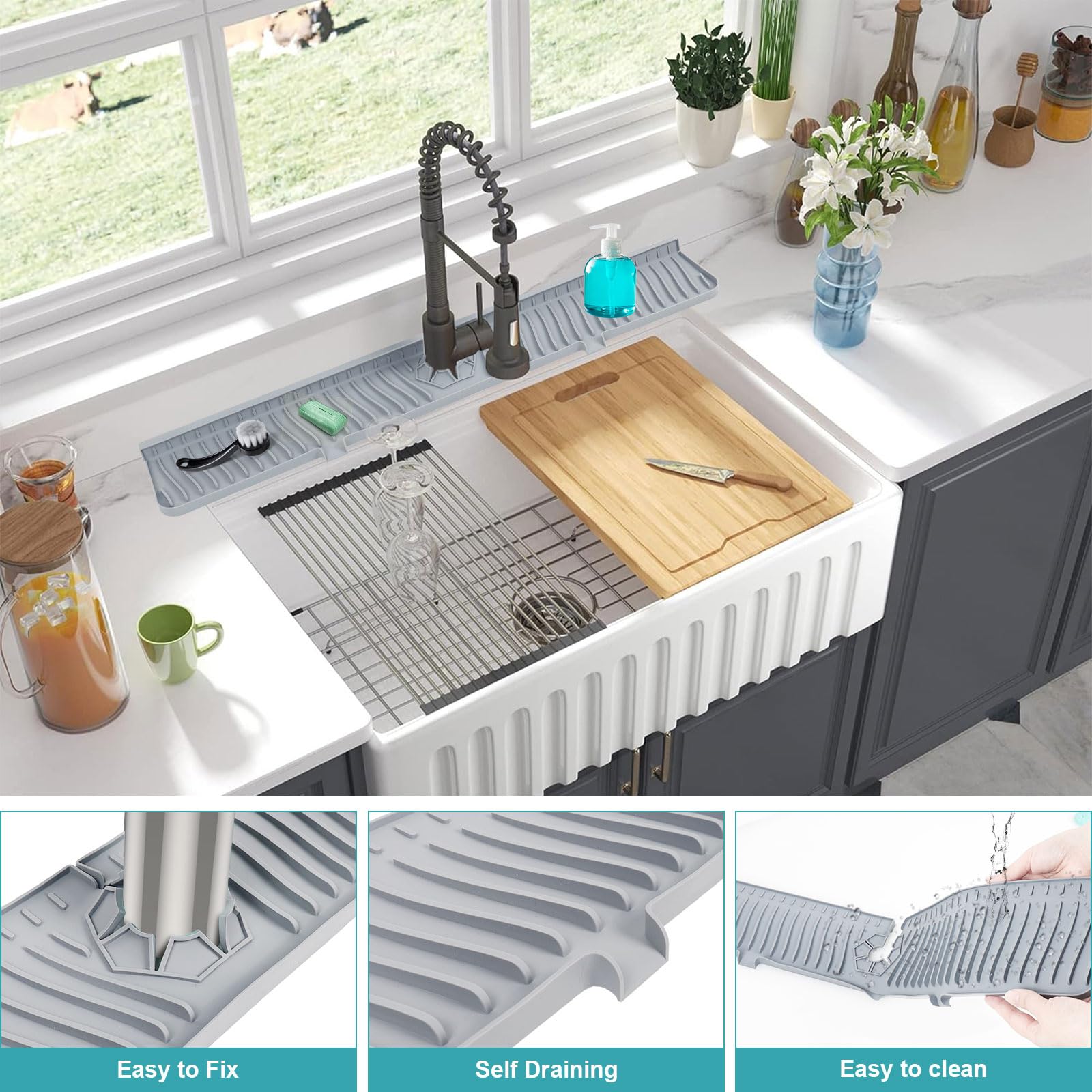 30 Inch Sink Splash Guard, Sink Faucet Mat, Longer Faucet Splash Guard, Silicone Faucet Handle Drip Catcher Tray, Drip Protector