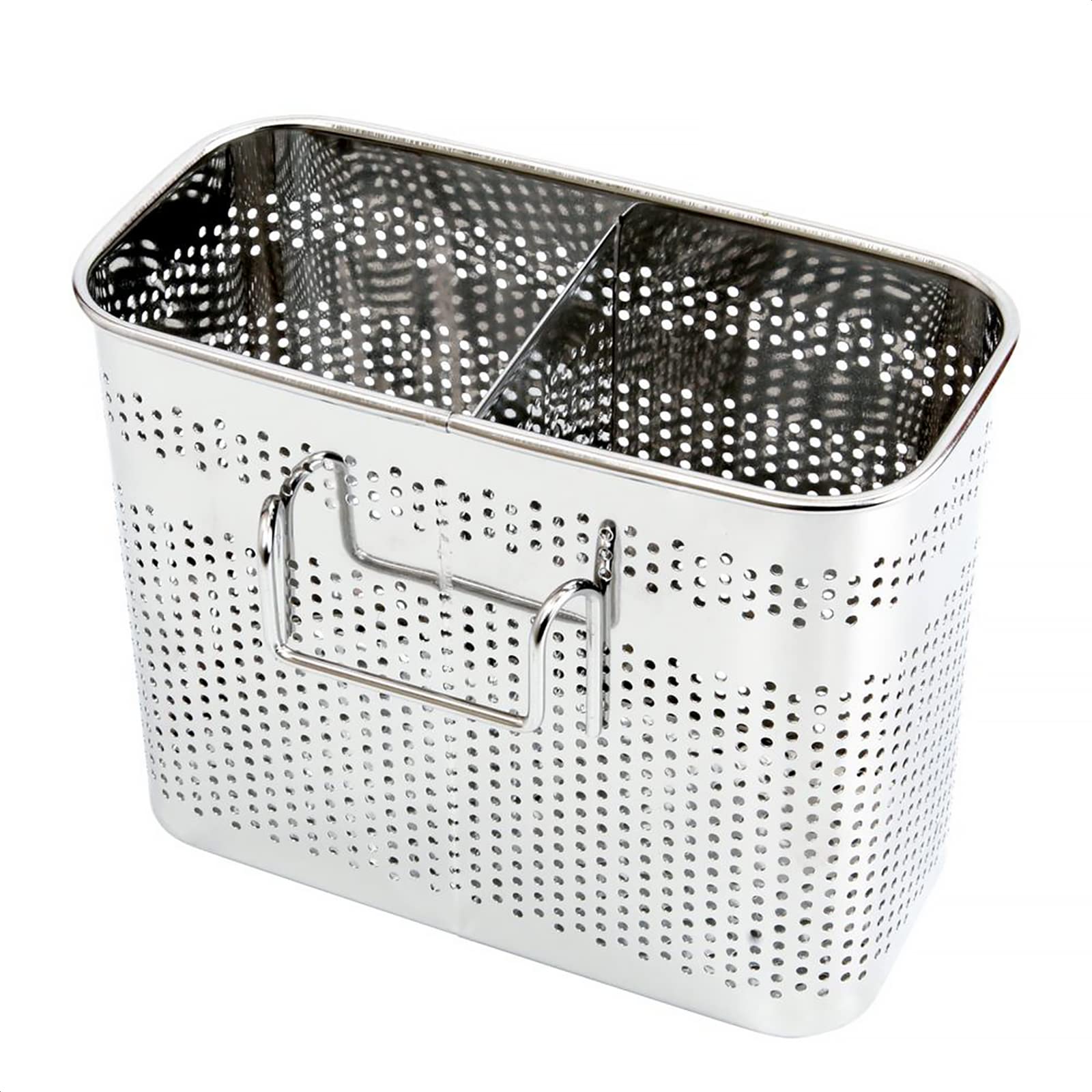 Kitchen Utensils Chopsticks Holder Drying Rack Basket with Hooks 2 Divided Compartments Quality Stainless Steel Large L5.4 X H4.