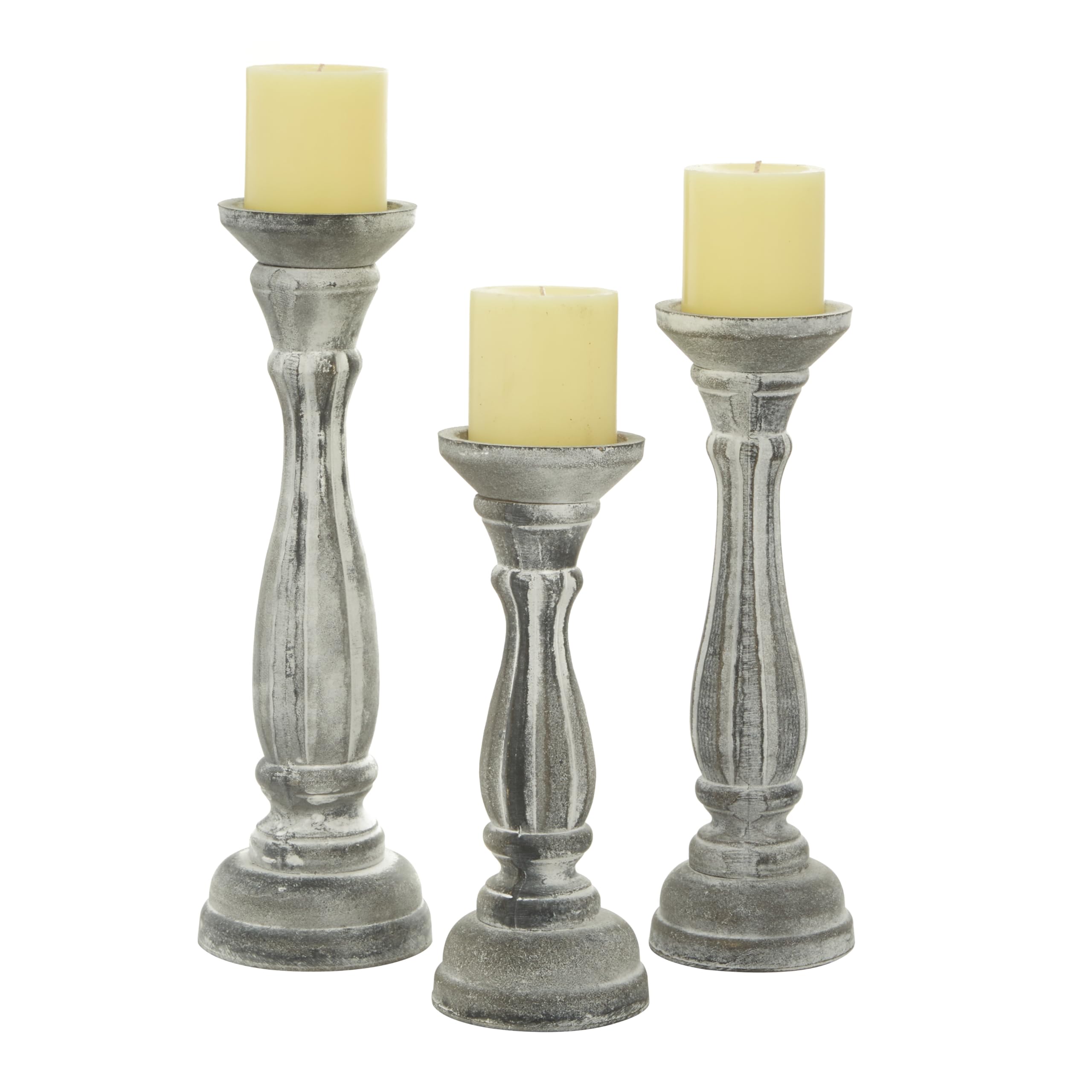 Deco 79 Wooden Decorative Candle Holder Distressed Turned Candle Stand, Set of 3 Candlestick Holder 15, 13, 11H, Gray