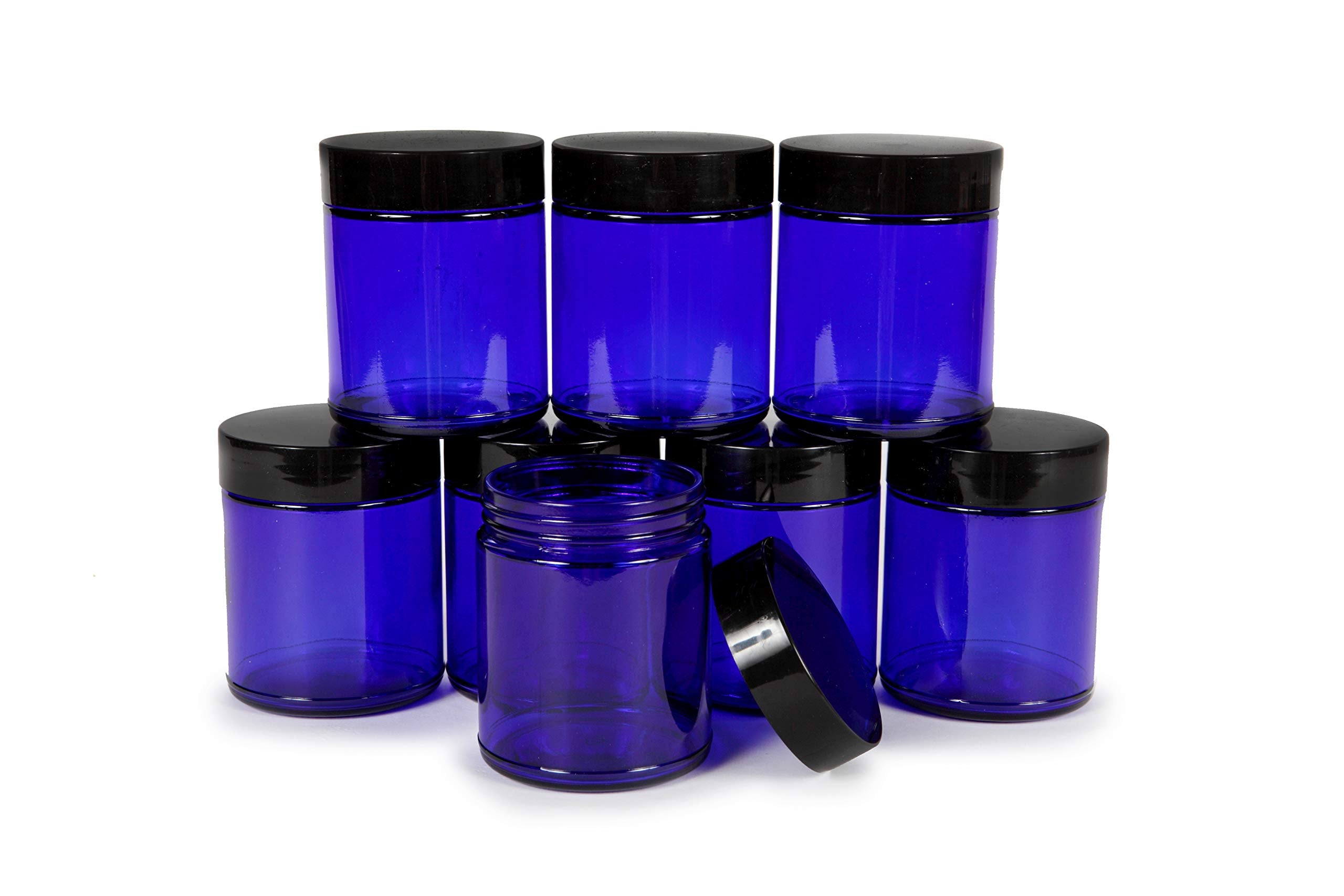 Vivaplex, Cobalt Blue, 8 Ounce, Round Glass Jars, With Black Lids - 8 Pack