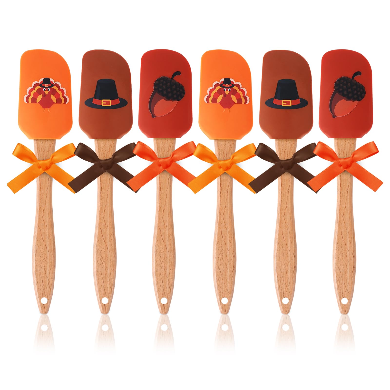 6 Pcs Thanksgiving Silicone Spatula Turkey Hat Chestnuts Pattern Holiday Spatulas Heat Resistant Spatula with Wooden Handle Than
